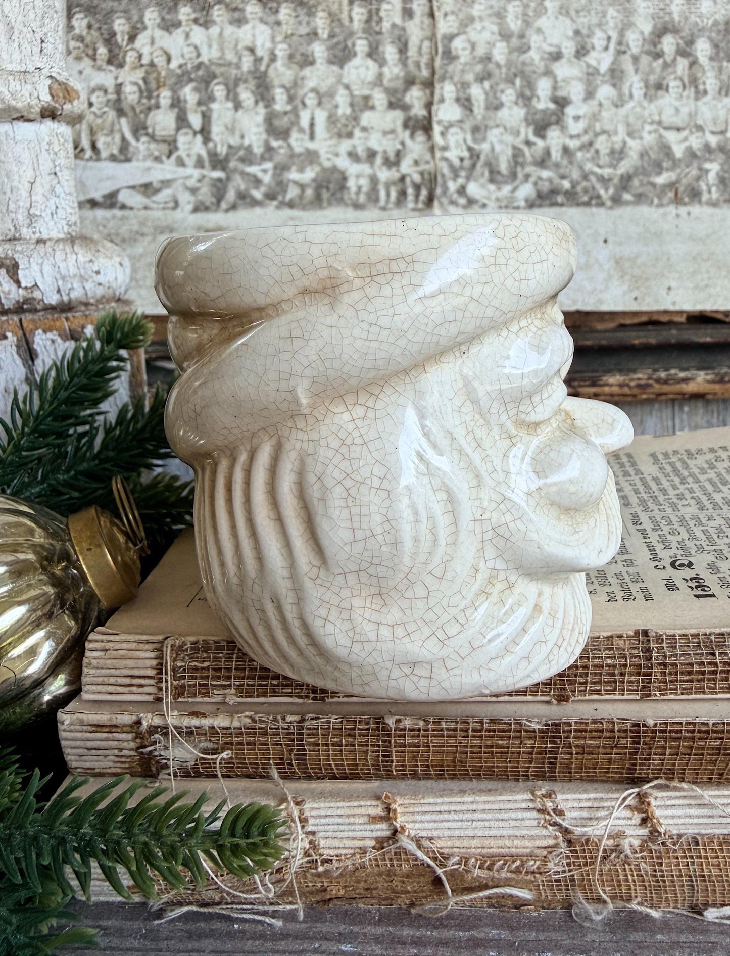 Vintage Ironstone Santa Claus Cup Mug FULL SIZE Creamy White Santa Farmhouse Christmas Decor RARE Japan Crazing Grungy Crazed