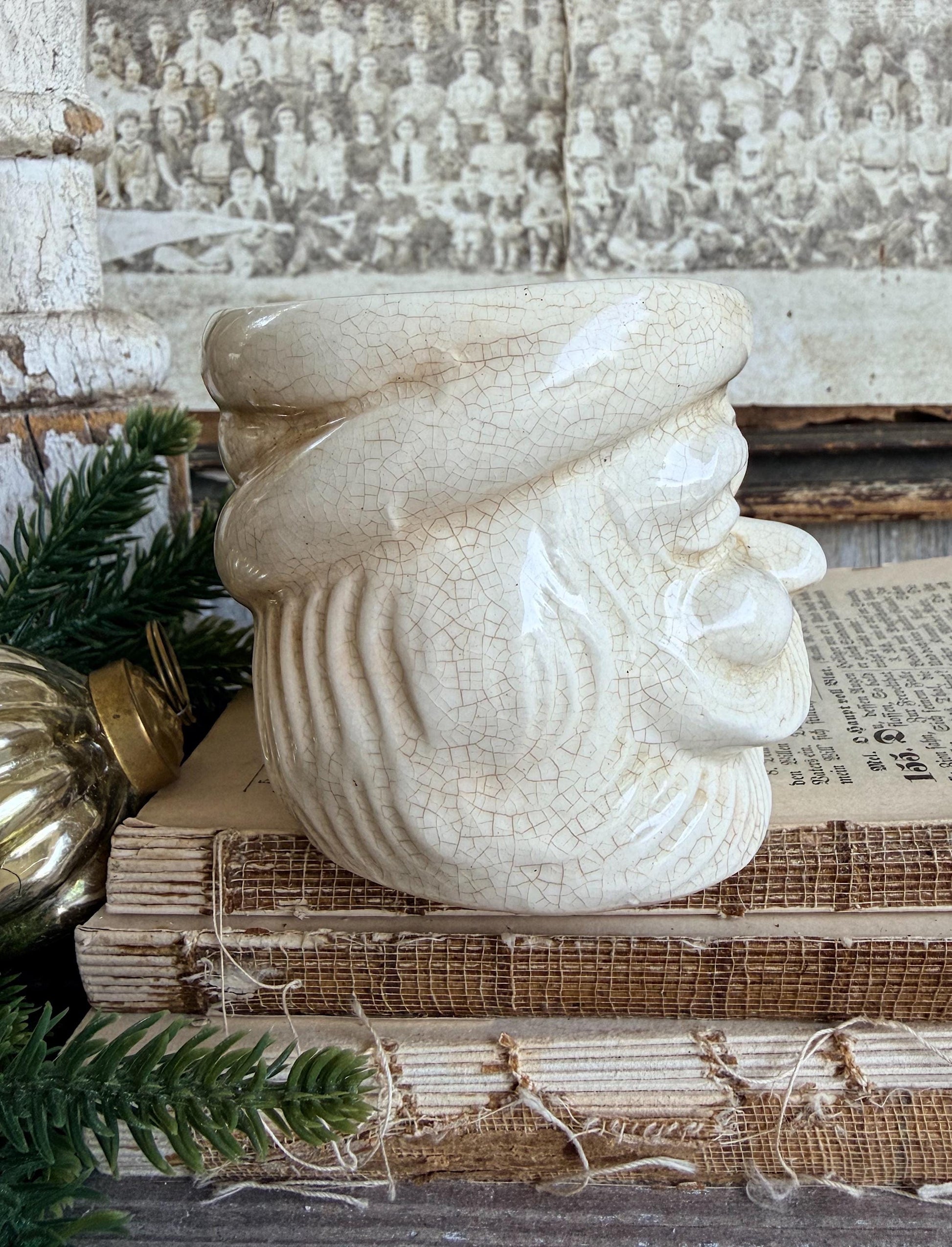 Vintage Ironstone Santa Claus Cup Mug FULL SIZE Creamy White Santa Farmhouse Christmas Decor RARE Japan Crazing Grungy Crazed