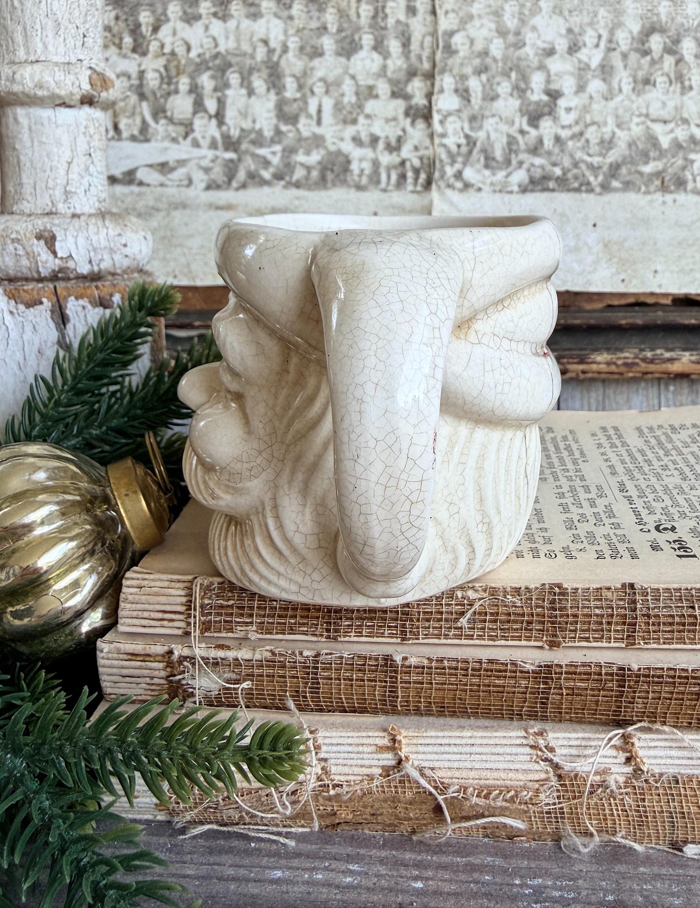 Vintage Ironstone Santa Claus Cup Mug FULL SIZE Creamy White Santa Farmhouse Christmas Decor RARE Japan Crazing Grungy Crazed