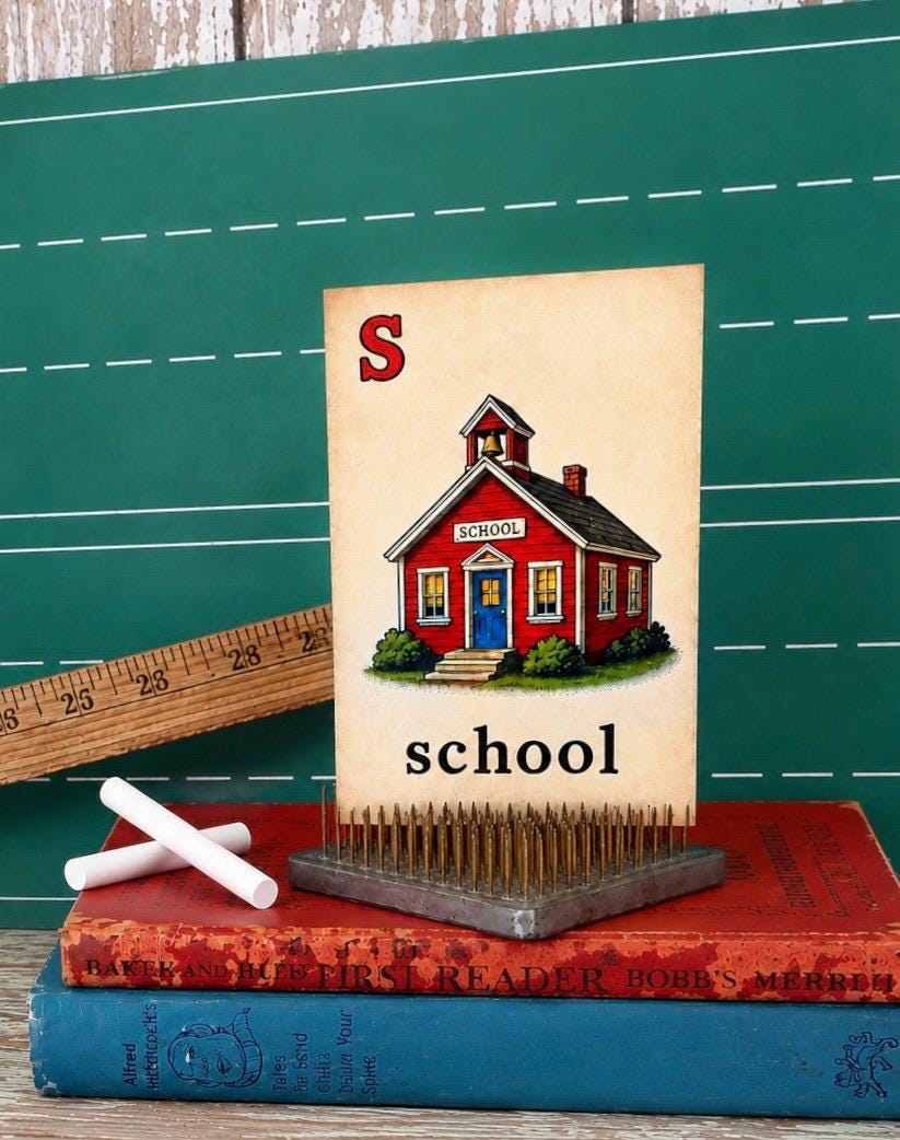 SCHOOL Flash Card Vintage Illustration Classroom Schoolhouse Decor
