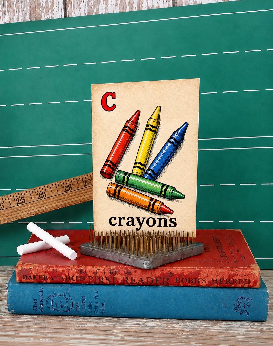 CRAYONS School Flash Card Vintage Illustration Classroom Schoolhouse Decor