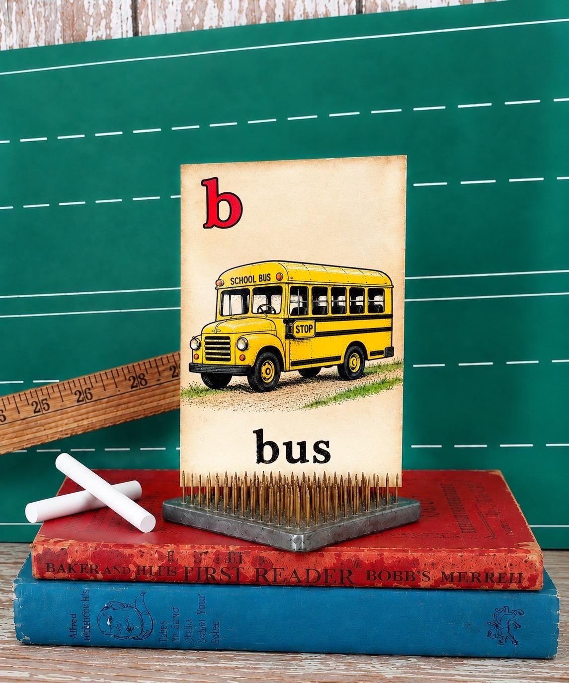 BUS School Flash Card Vintage Illustration Classroom Schoolhouse Decor