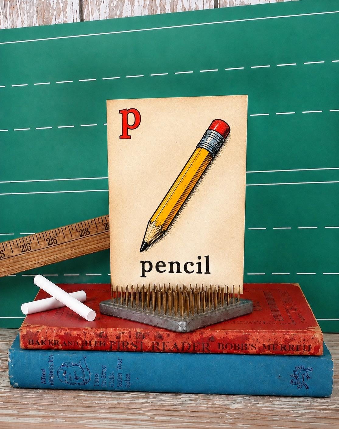 PENCIL School Flash Card Vintage Illustration Classroom Schoolhouse Decor