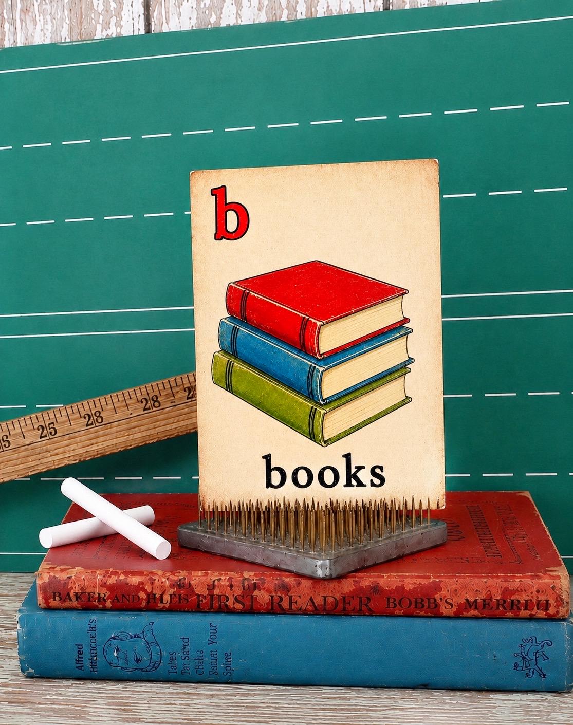 BOOKS School Flash Card Vintage Illustration Classroom Schoolhouse Decor