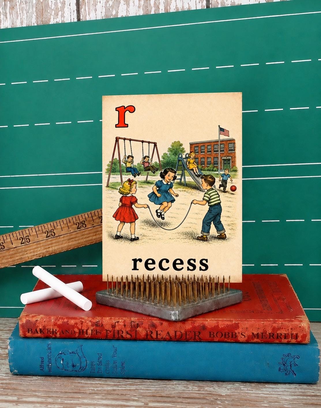 RECESS School Flash Card Vintage Illustration Classroom Schoolhouse Decor