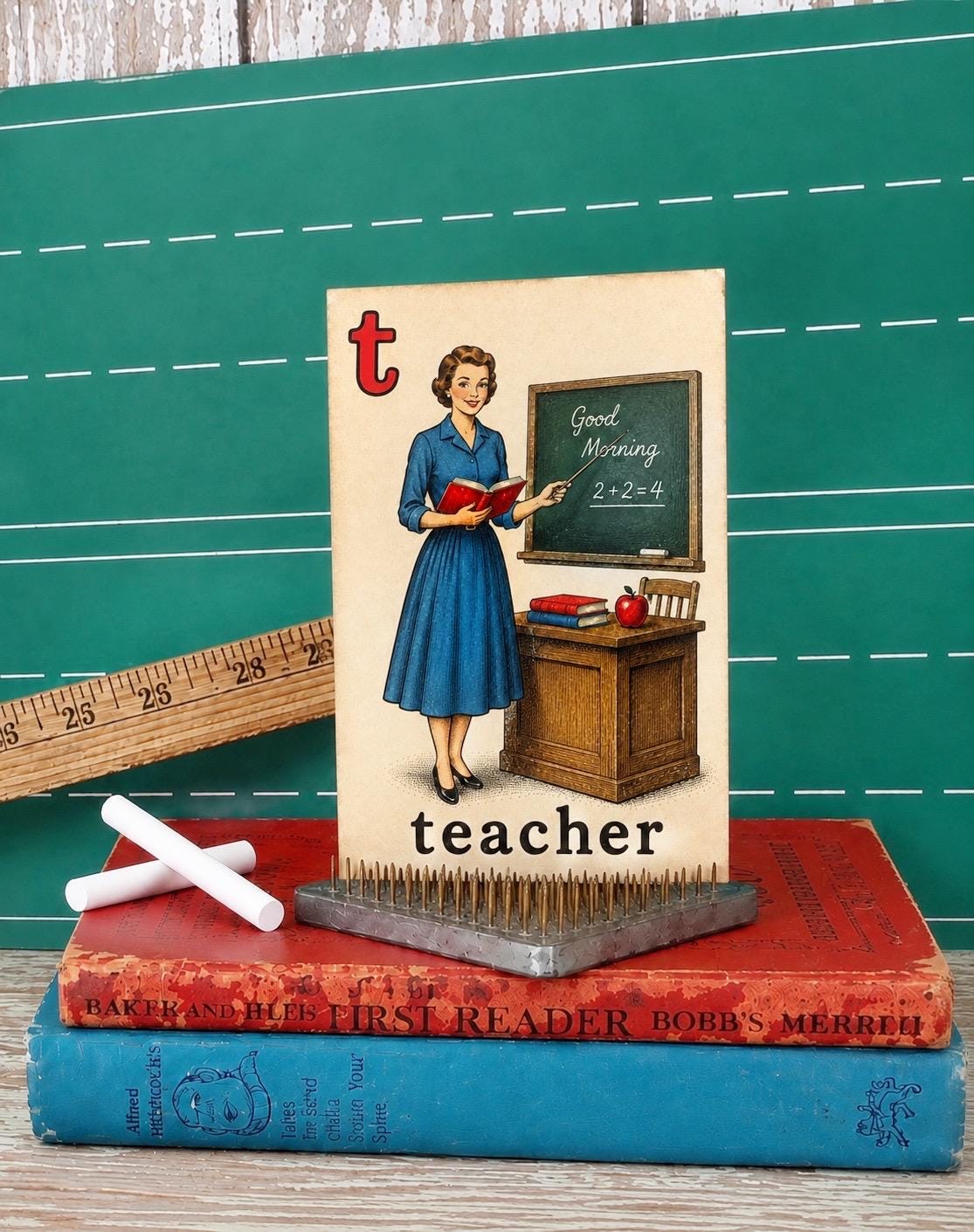 TEACHER School Flash Card Vintage Illustration Classroom Schoolhouse Decor