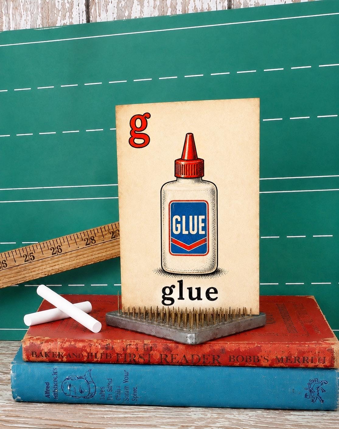 GLUE School Flash Card Vintage Illustration Classroom Schoolhouse Decor
