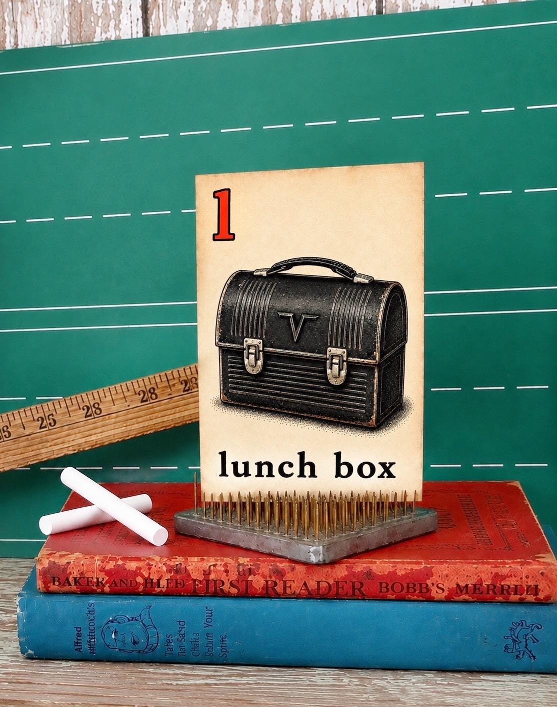 LUNCH BOX School Flash Card Vintage Illustration Classroom Schoolhouse Decor