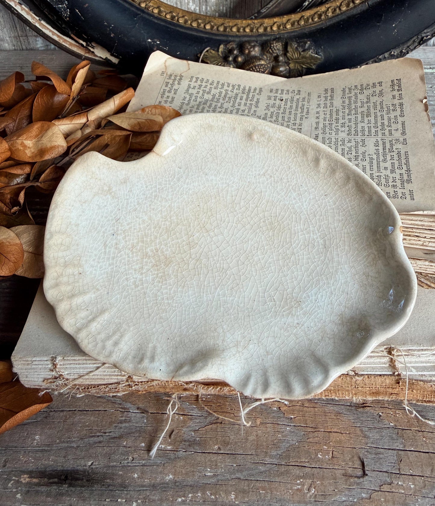 Antique La Belle China Dish – Small Ironstone Platter, Vintage White Crazing Tray, Farmhouse Decor