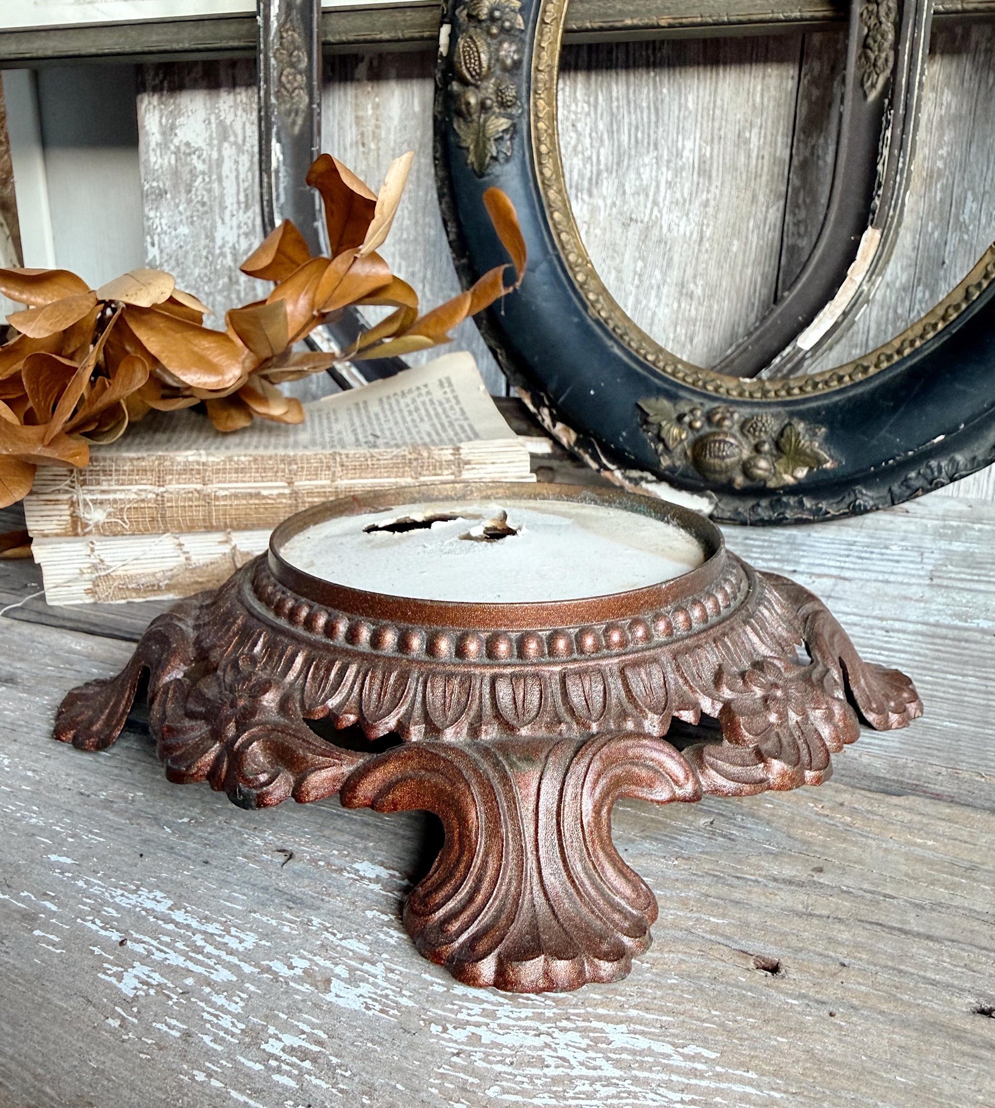 Antique Metal Brass BRONZED Ornate Lamp Base Pedestal Light Part Architectural Industrial Salvage Farmhouse Decor