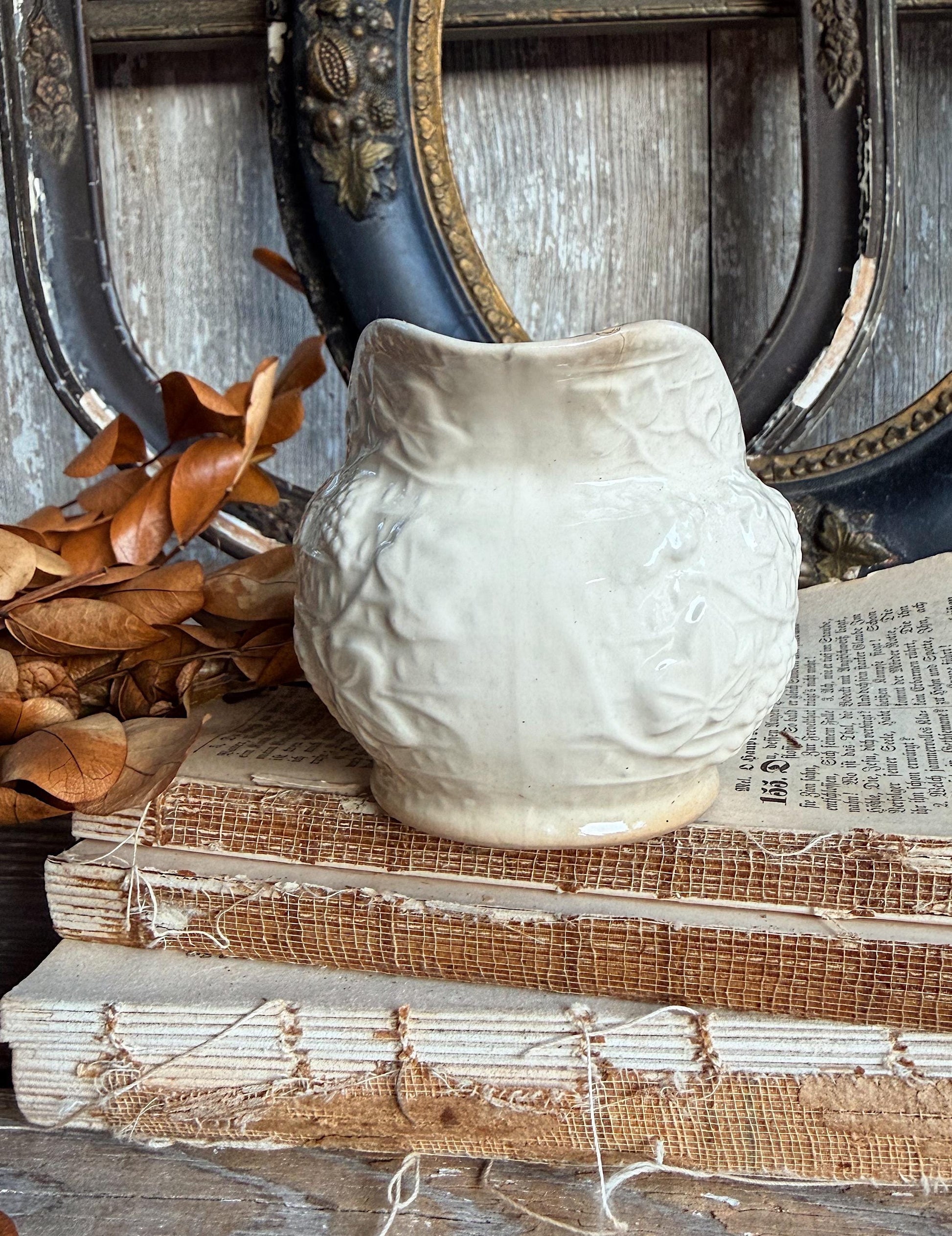 Antique Ironstone Pitcher, White Embossed Pitcher, Farmhouse Crazing