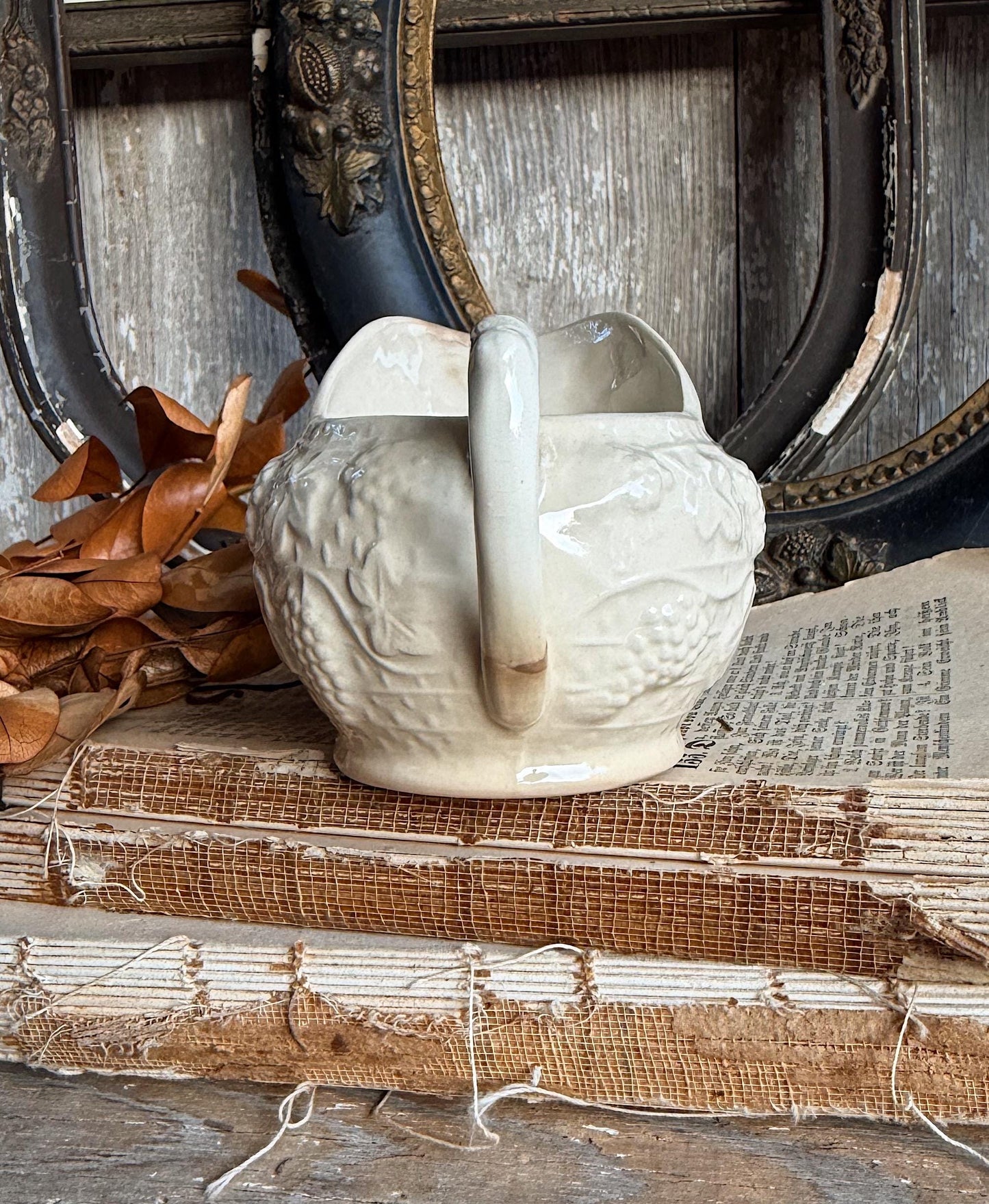 Antique Ironstone Pitcher, White Embossed Pitcher, Farmhouse Crazing