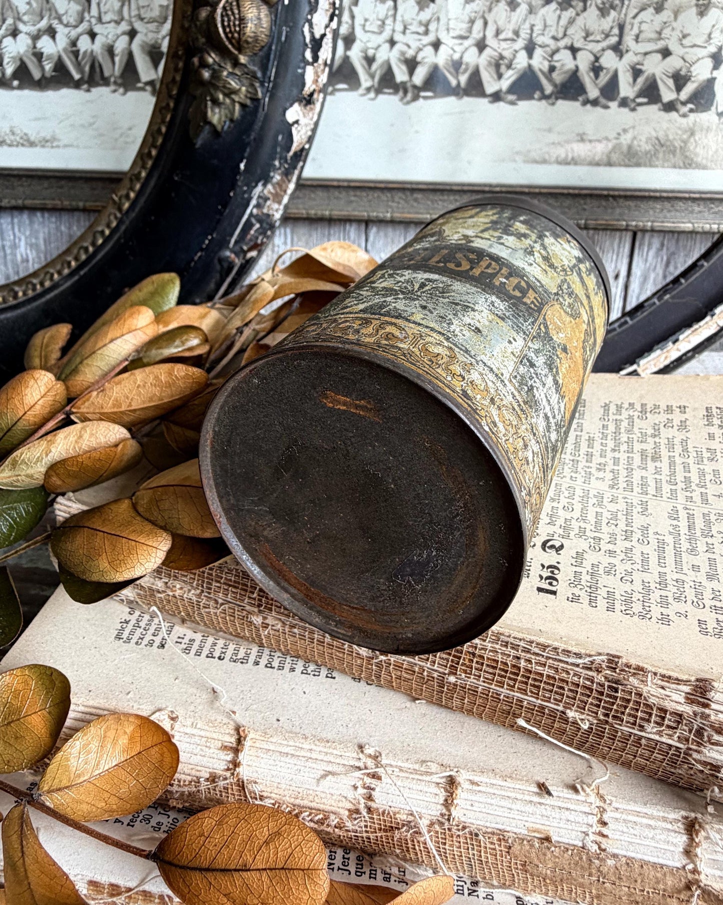 Antique ALLSPICE Tin Can Farmhouse Decor Industrial Salvage GOLD BLACK