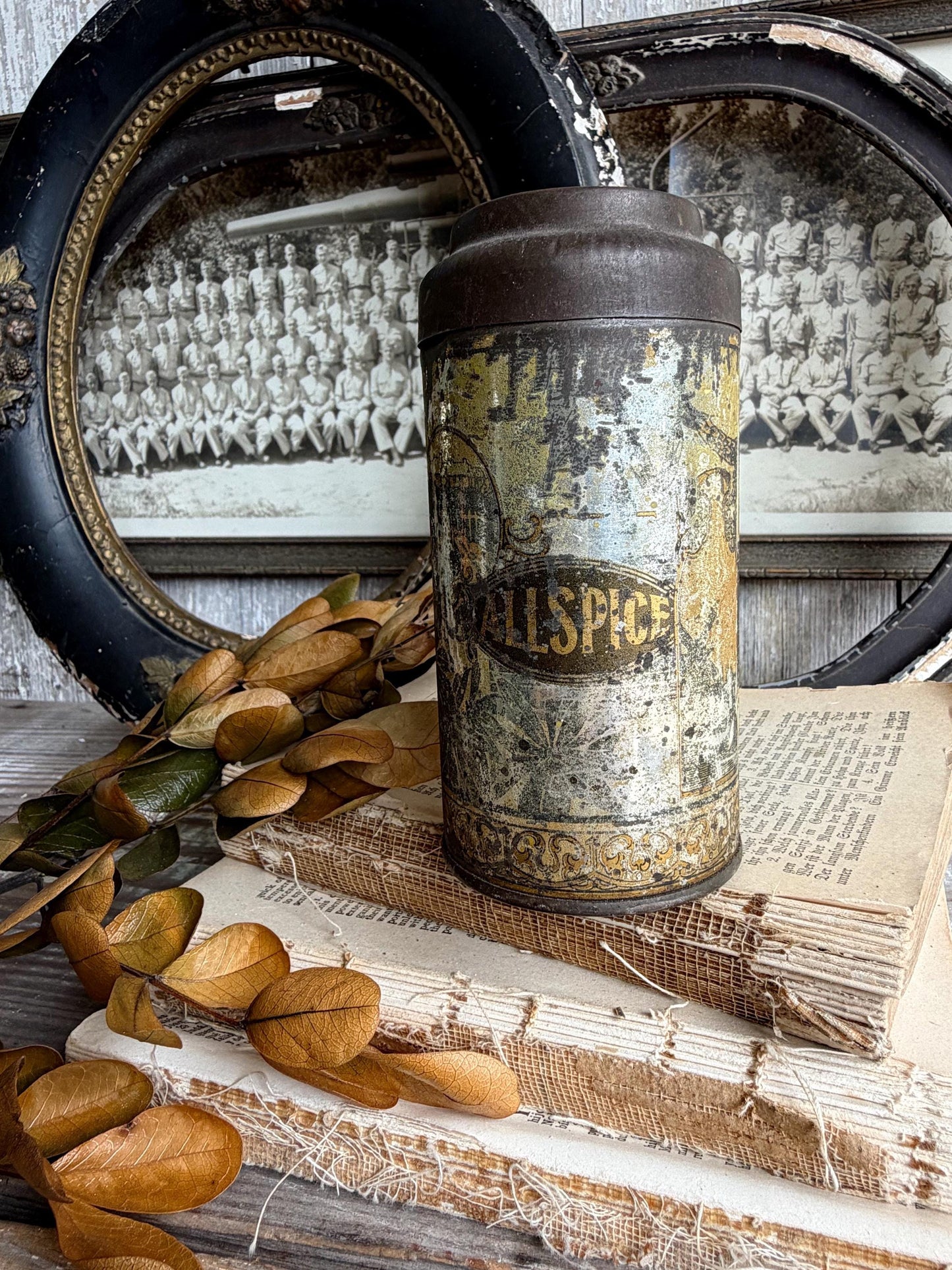 Antique ALLSPICE Tin Can Farmhouse Decor Industrial Salvage GOLD BLACK