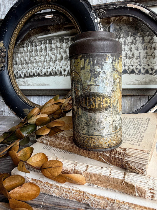 Antique ALLSPICE Tin Can Farmhouse Decor Industrial Salvage GOLD BLACK