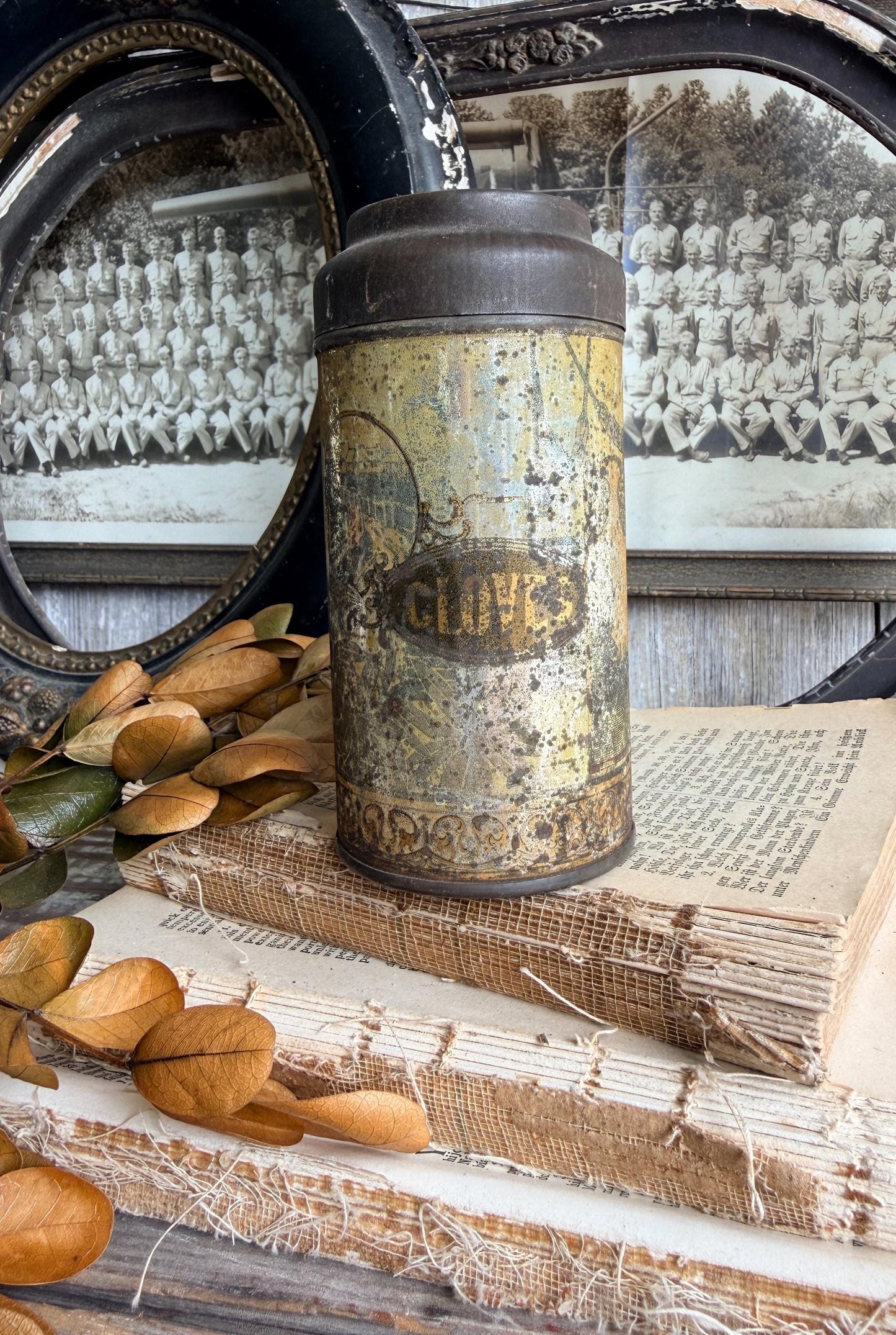 Antique CLOVES Tin Can Farmhouse Decor Industrial Salvage GOLD BLACK