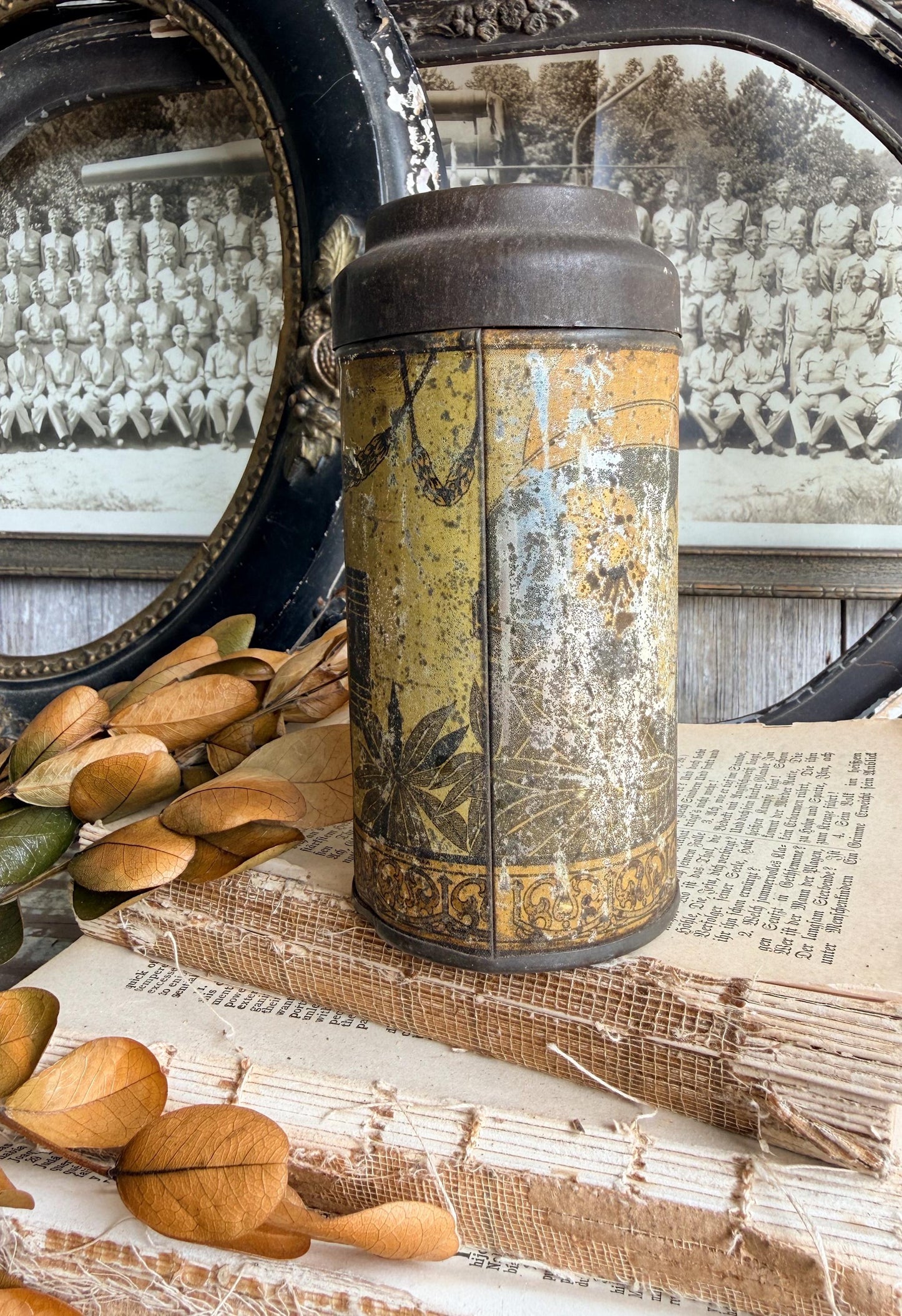 Antique CLOVES Tin Can Farmhouse Decor Industrial Salvage GOLD BLACK