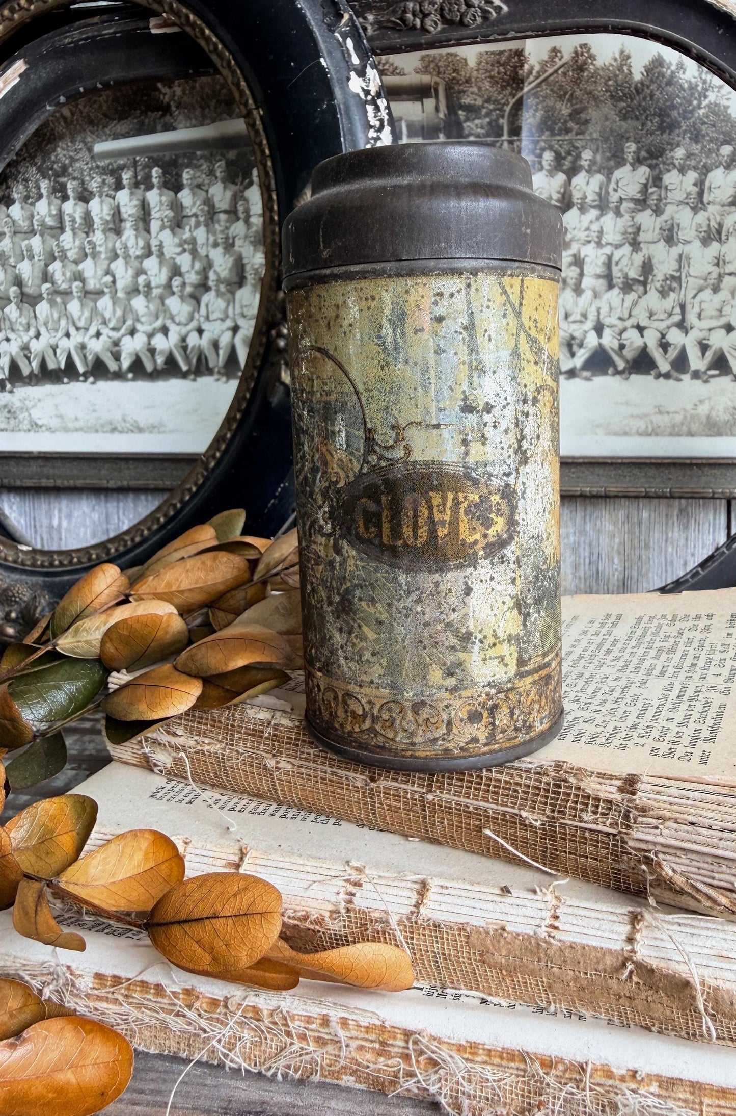 Antique CLOVES Tin Can Farmhouse Decor Industrial Salvage GOLD BLACK