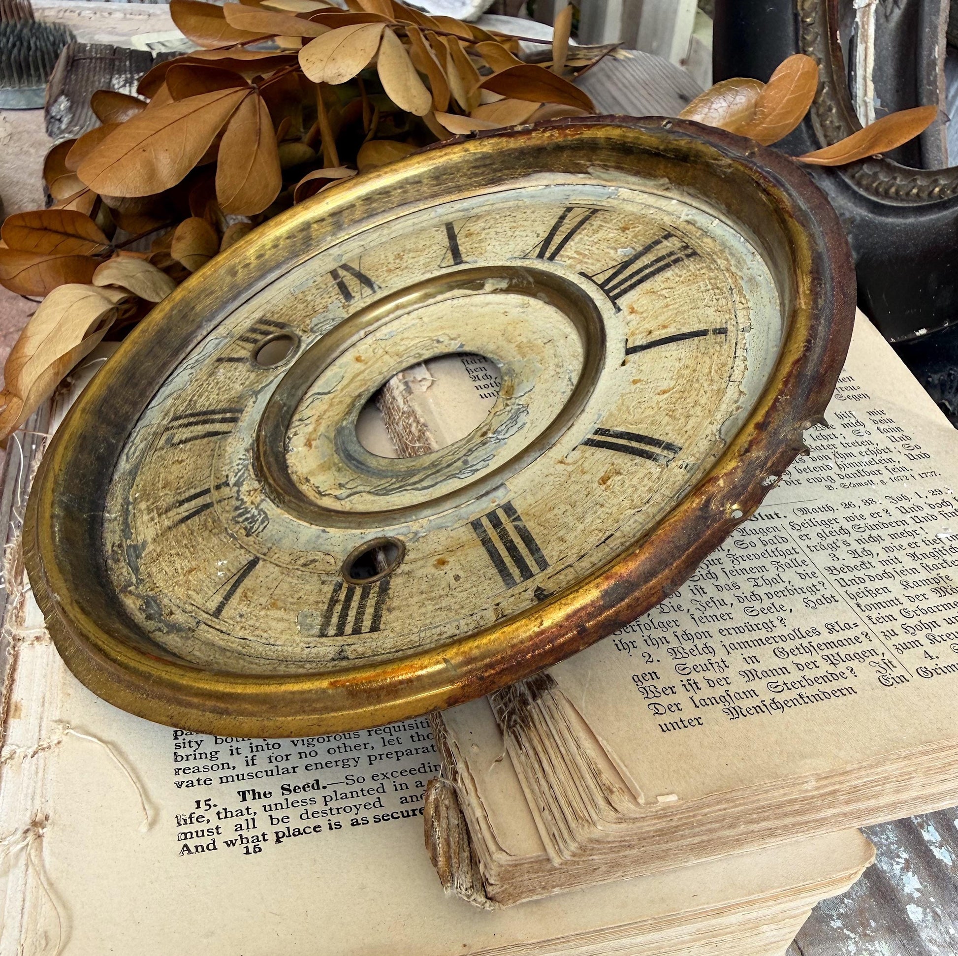 Antique Metal Clock Face Dial Farmhouse Decor Industrial Salvage Brass