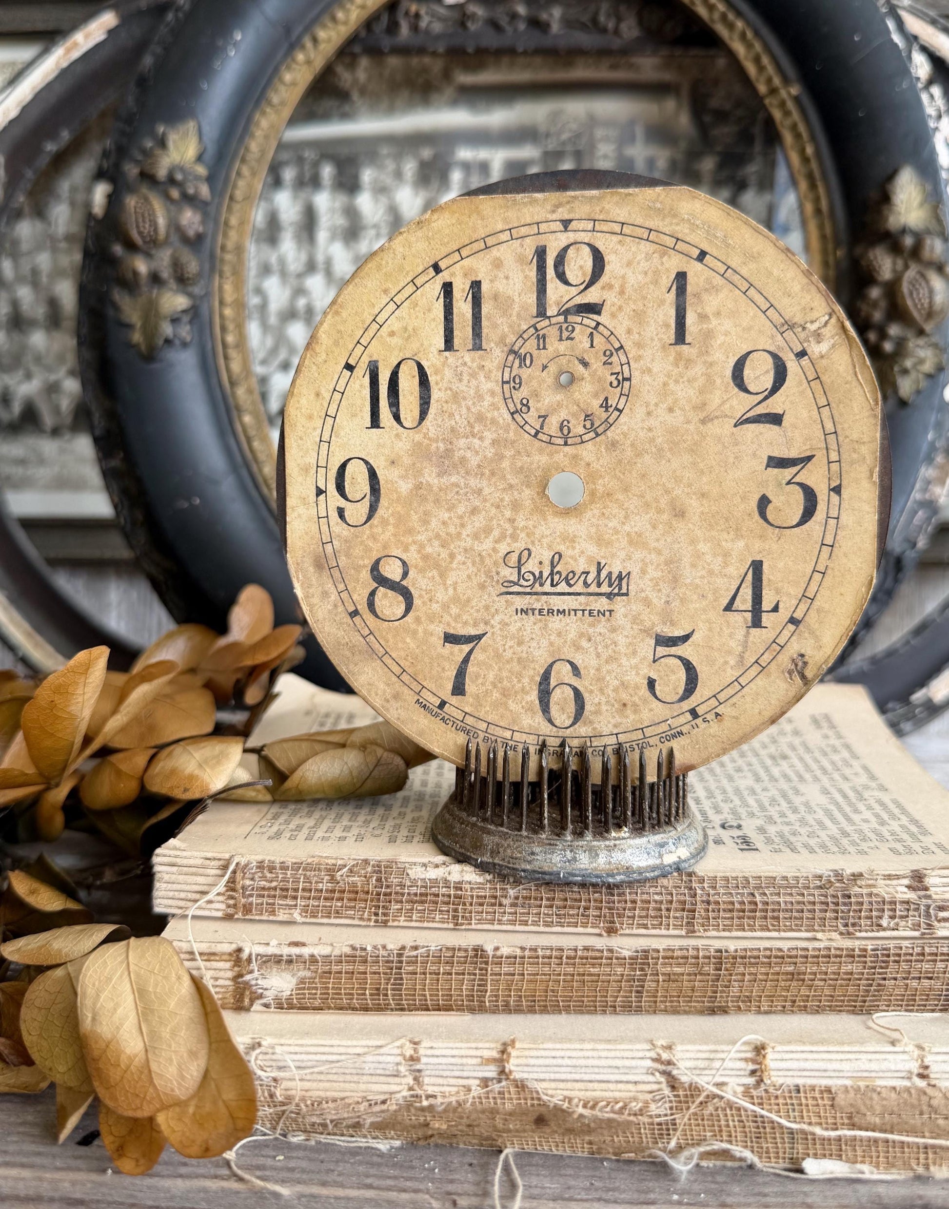 Antique LIBERLYN Clock Dial Farmhouse Decor Industrial Salvage Metal Paper
