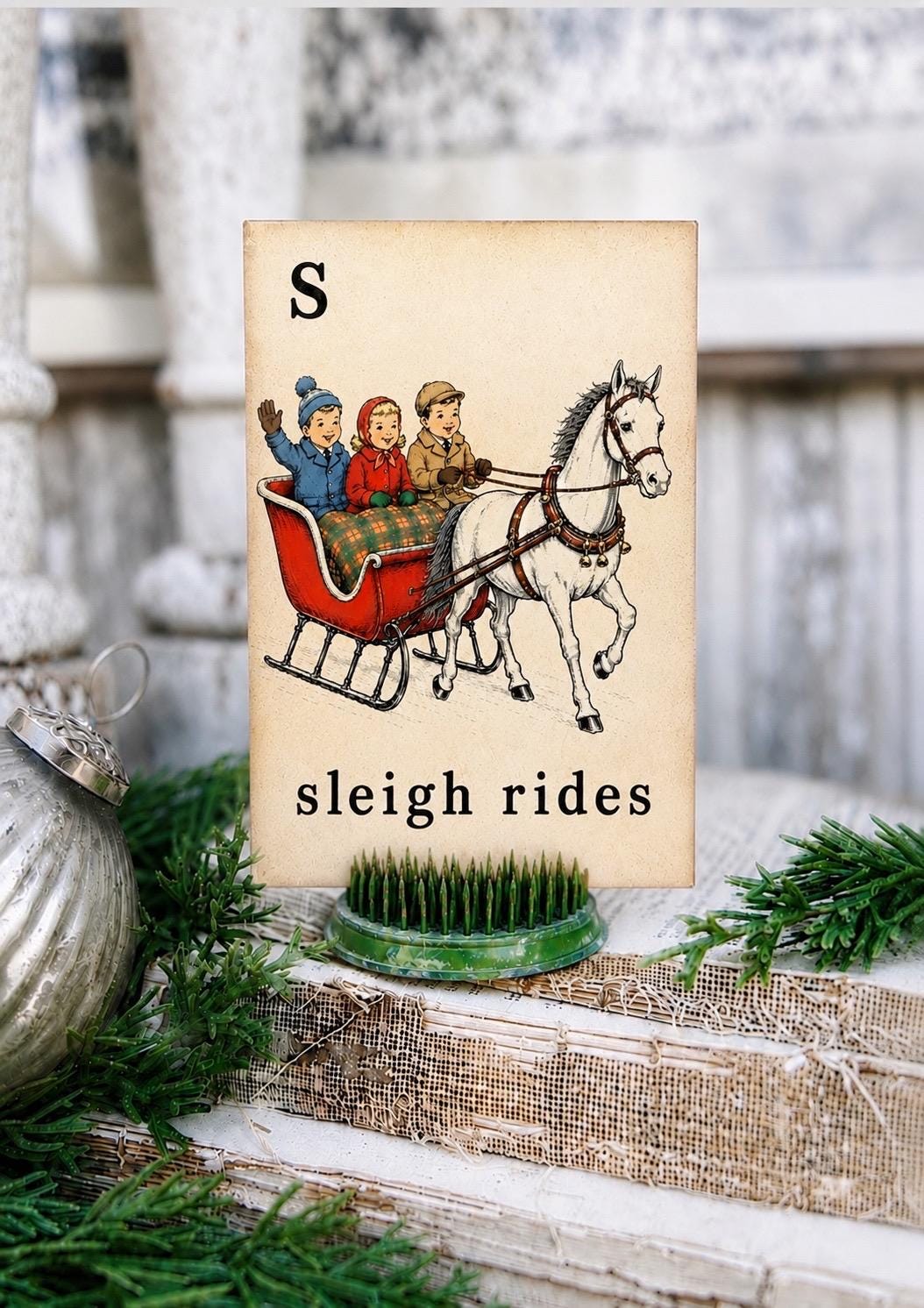 SLEIGH RIDES Flash Card Vintage Christmas Farmhouse Decor Party