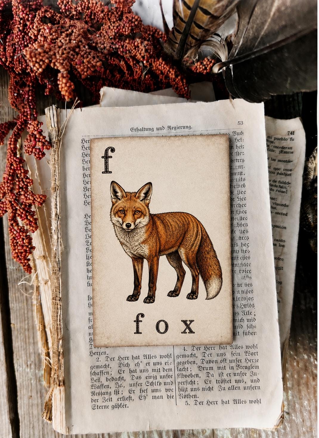 FOX Flash Card Vintage Farmhouse Fall Autumn Thanksgiving Decor Party