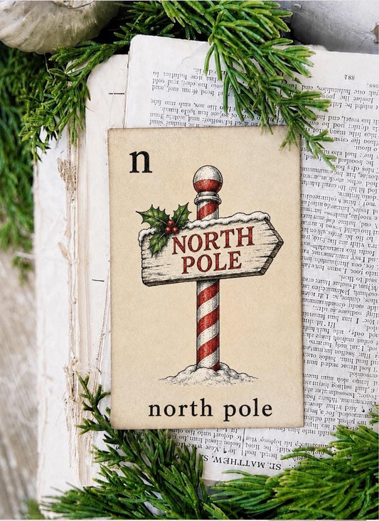 NORTH POLE Flash Card Vintage Christmas Farmhouse Decor Party