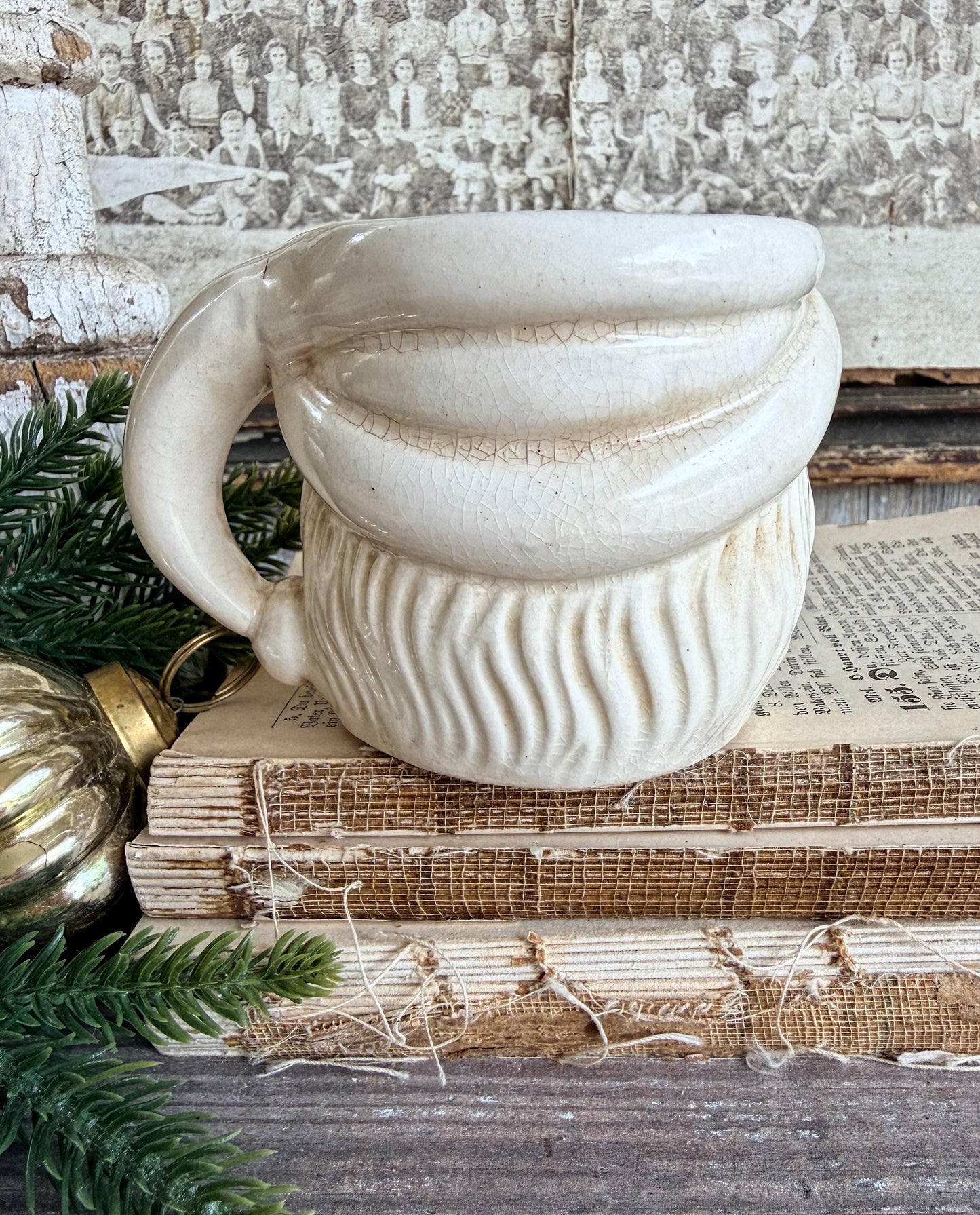 Vintage Ironstone Santa Claus Cup Mug FULL SIZE Creamy White Santa Farmhouse Christmas Decor RARE Japan Crazing Grungy Crazed
