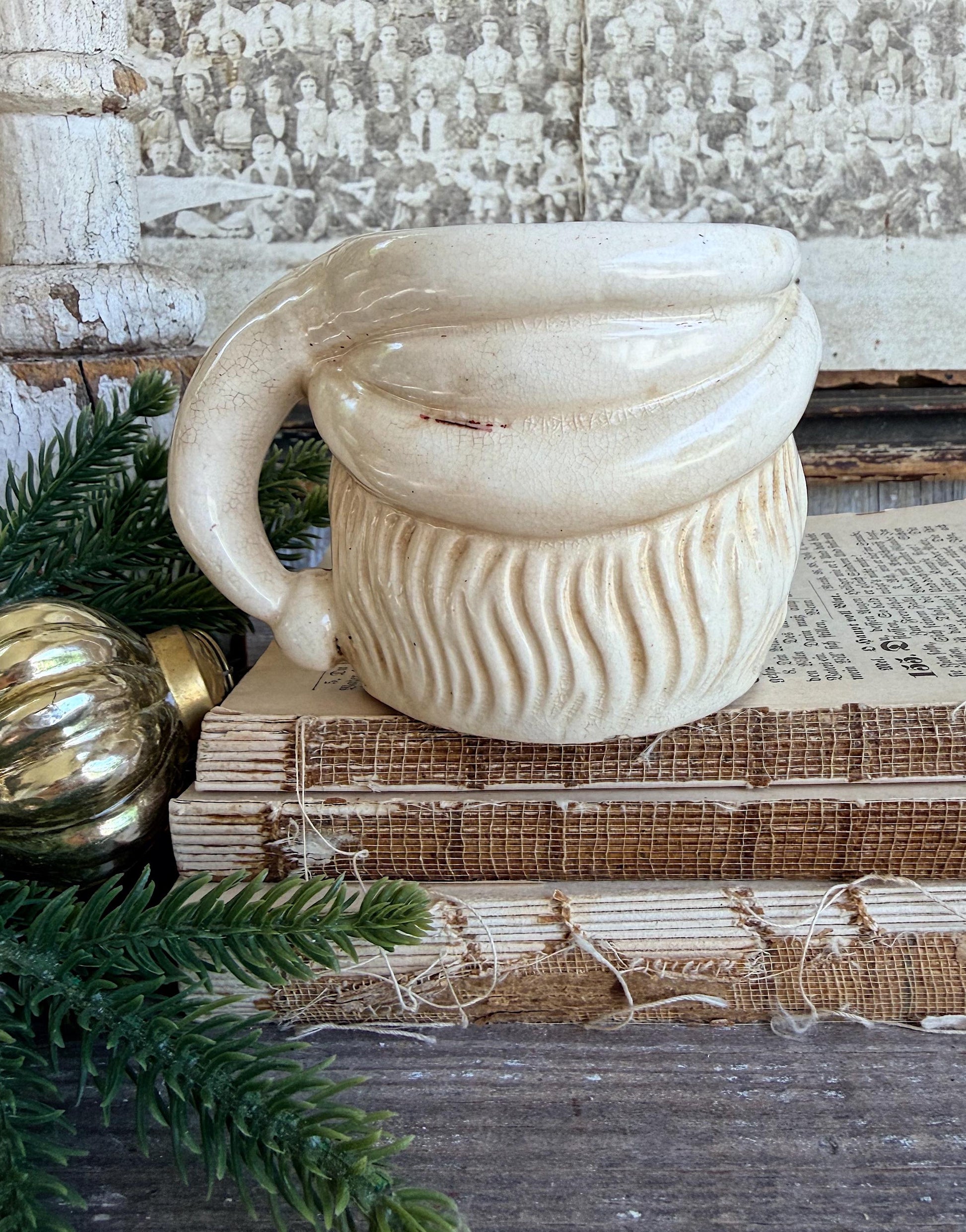 Vintage Ironstone Santa Claus Cup Mug FULL SIZE Creamy White Santa Farmhouse Christmas Decor RARE Japan Crazing Grungy Crazed