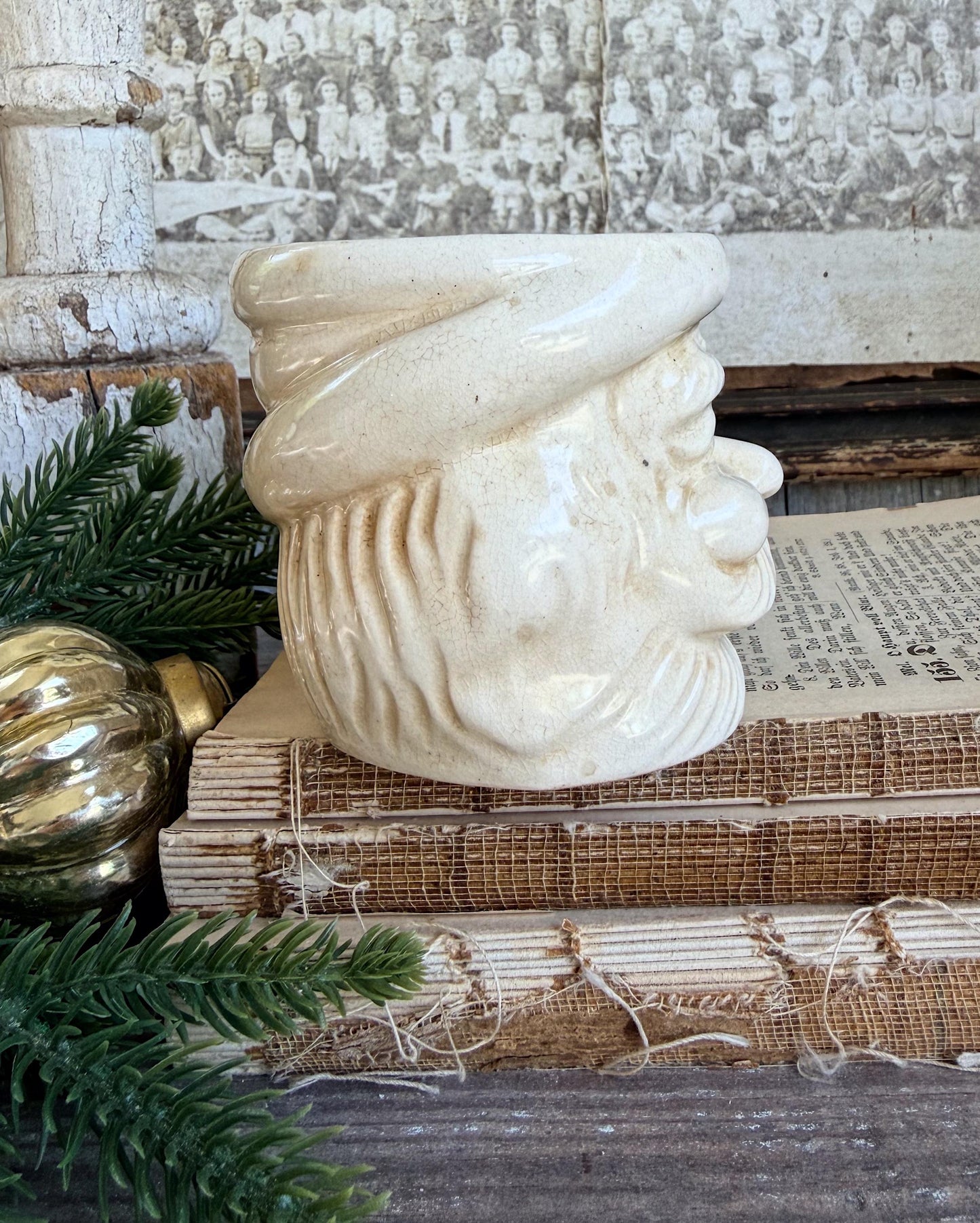 Vintage Ironstone Santa Claus Cup Mug FULL SIZE Creamy White Santa Farmhouse Christmas Decor RARE Japan Crazing Grungy Crazed