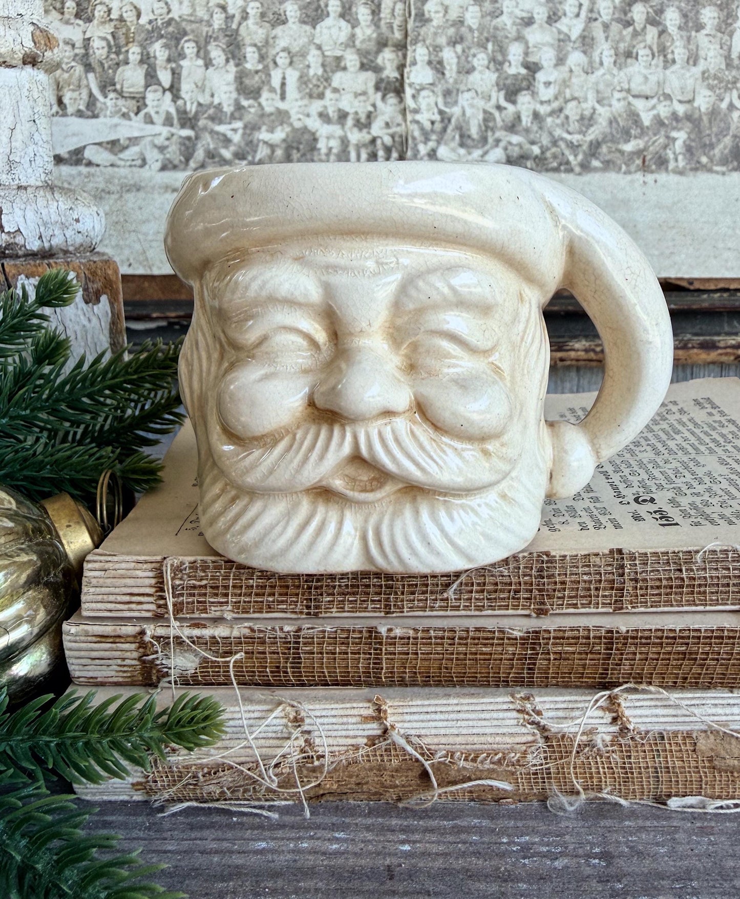 Vintage Ironstone Santa Claus Cup Mug FULL SIZE Creamy White Santa Farmhouse Christmas Decor RARE Japan Crazing Grungy Crazed