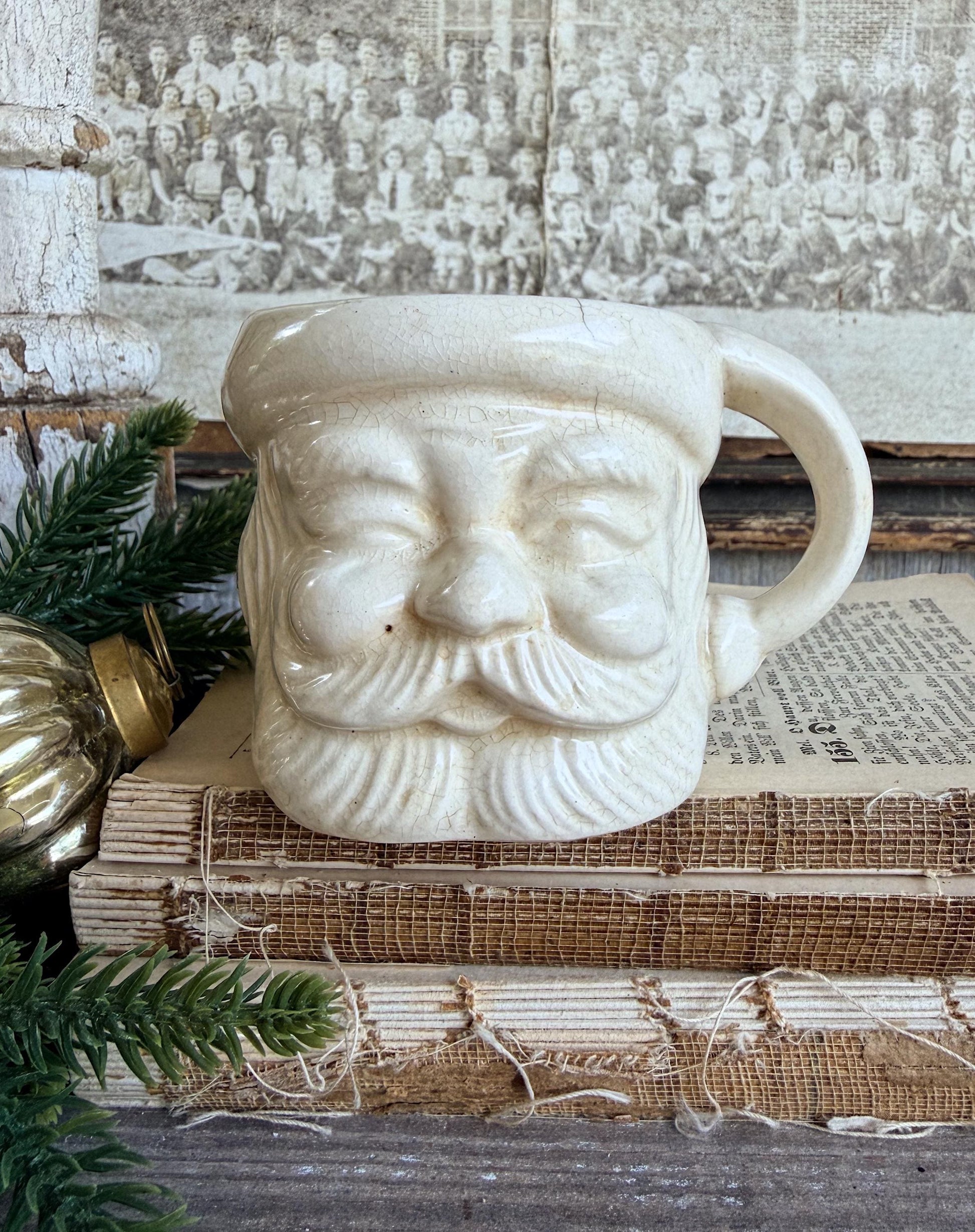 Vintage Ironstone Santa Claus Cup Mug FULL SIZE Creamy White Santa Farmhouse Christmas Decor RARE Japan Crazing Grungy Crazed