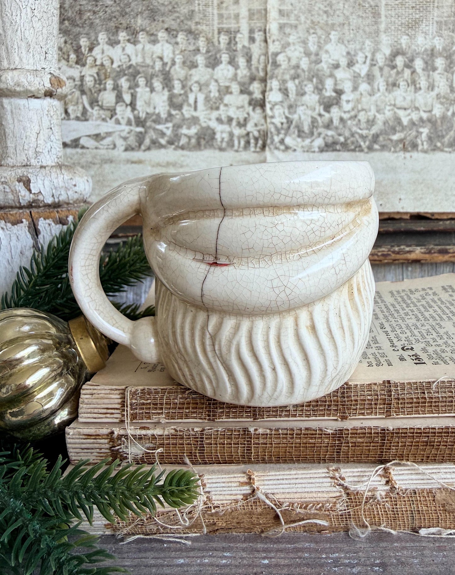 Vintage Ironstone Santa Claus Cup Mug FULL SIZE Creamy White Santa Farmhouse Christmas Decor RARE Japan Crazing Grungy Crazed