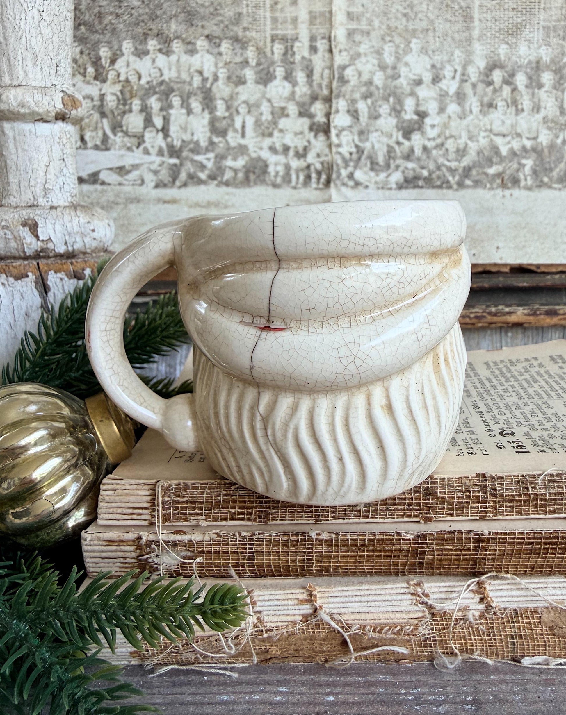 Vintage Ironstone Santa Claus Cup Mug FULL SIZE Creamy White Santa Farmhouse Christmas Decor RARE Japan Crazing Grungy Crazed