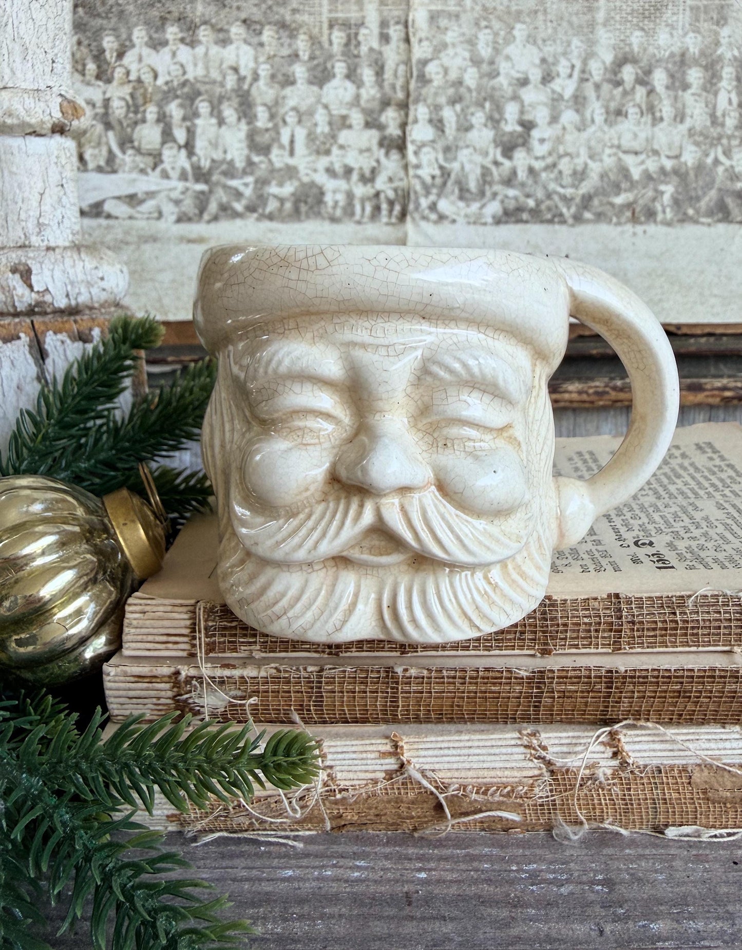Vintage Ironstone Santa Claus Cup Mug FULL SIZE Creamy White Santa Farmhouse Christmas Decor RARE Japan Crazing Grungy Crazed