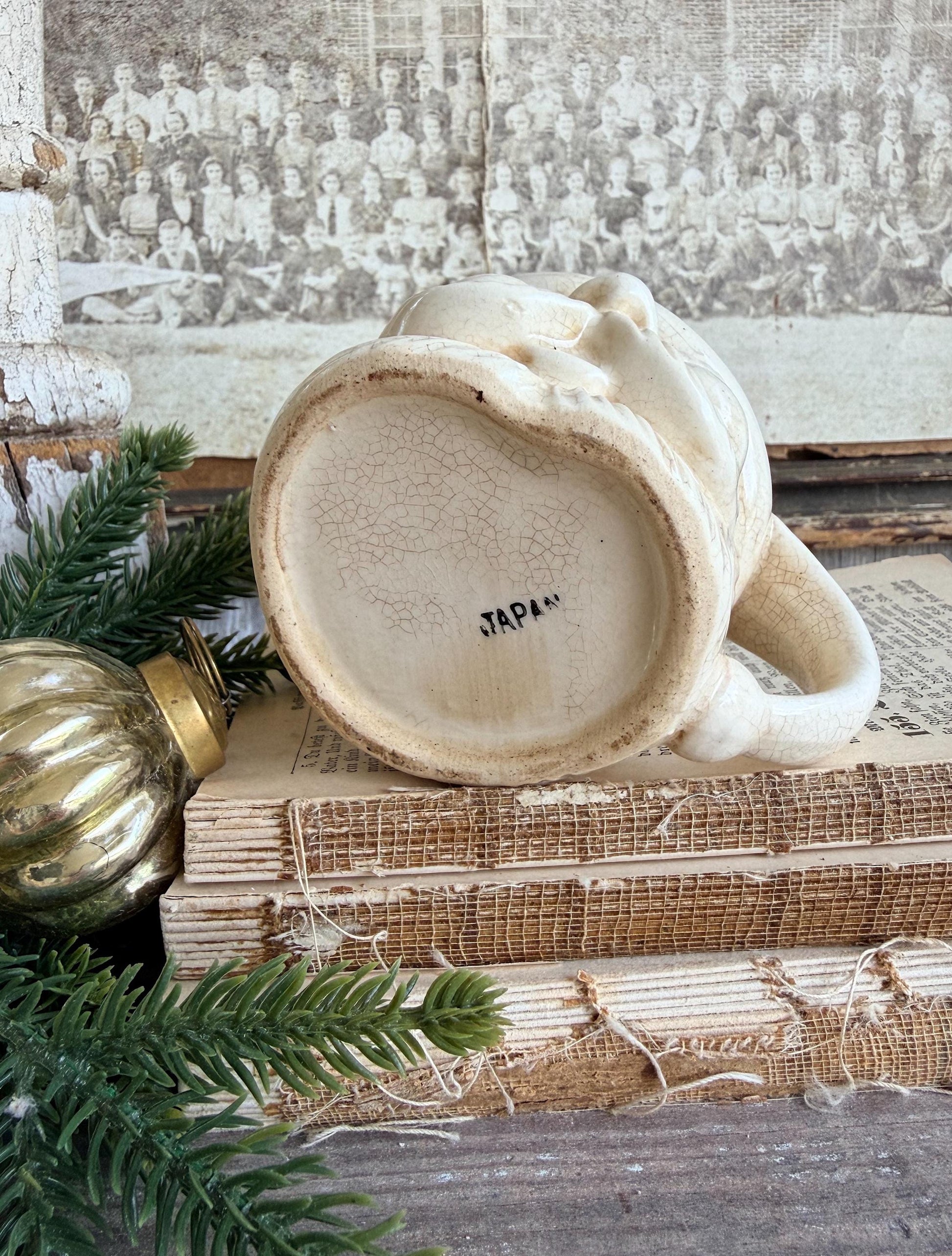 Vintage Ironstone Santa Claus Cup Mug FULL SIZE Creamy White Santa Farmhouse Christmas Decor RARE Japan Crazing Grungy Crazed