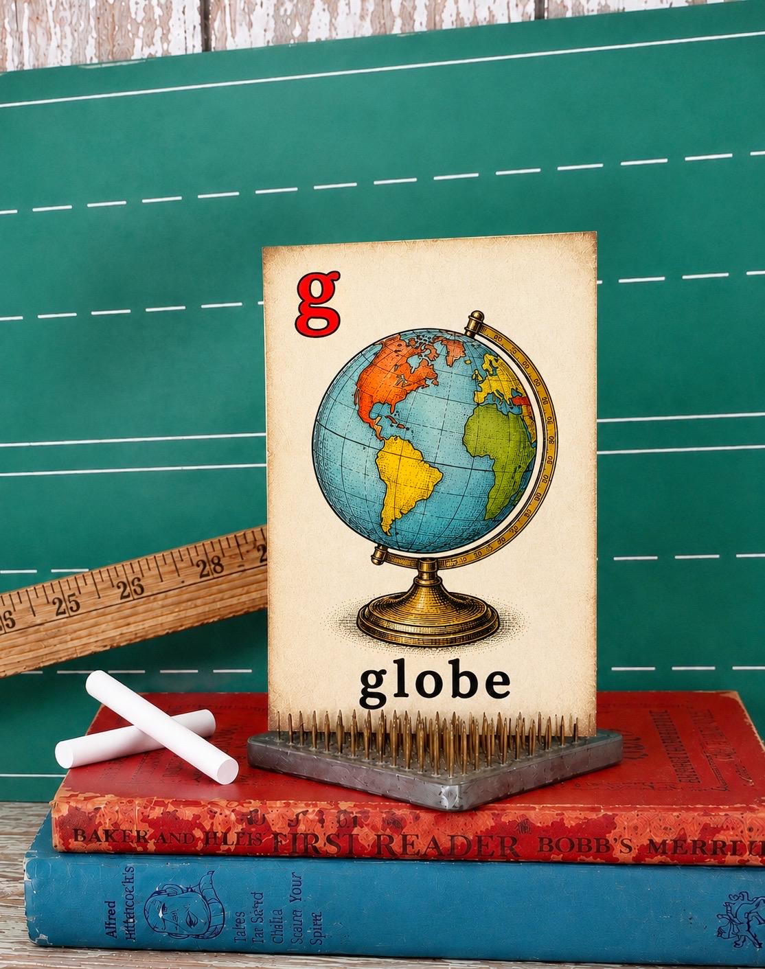 GLOBE School Flash Card Vintage Illustration Classroom Schoolhouse Decor
