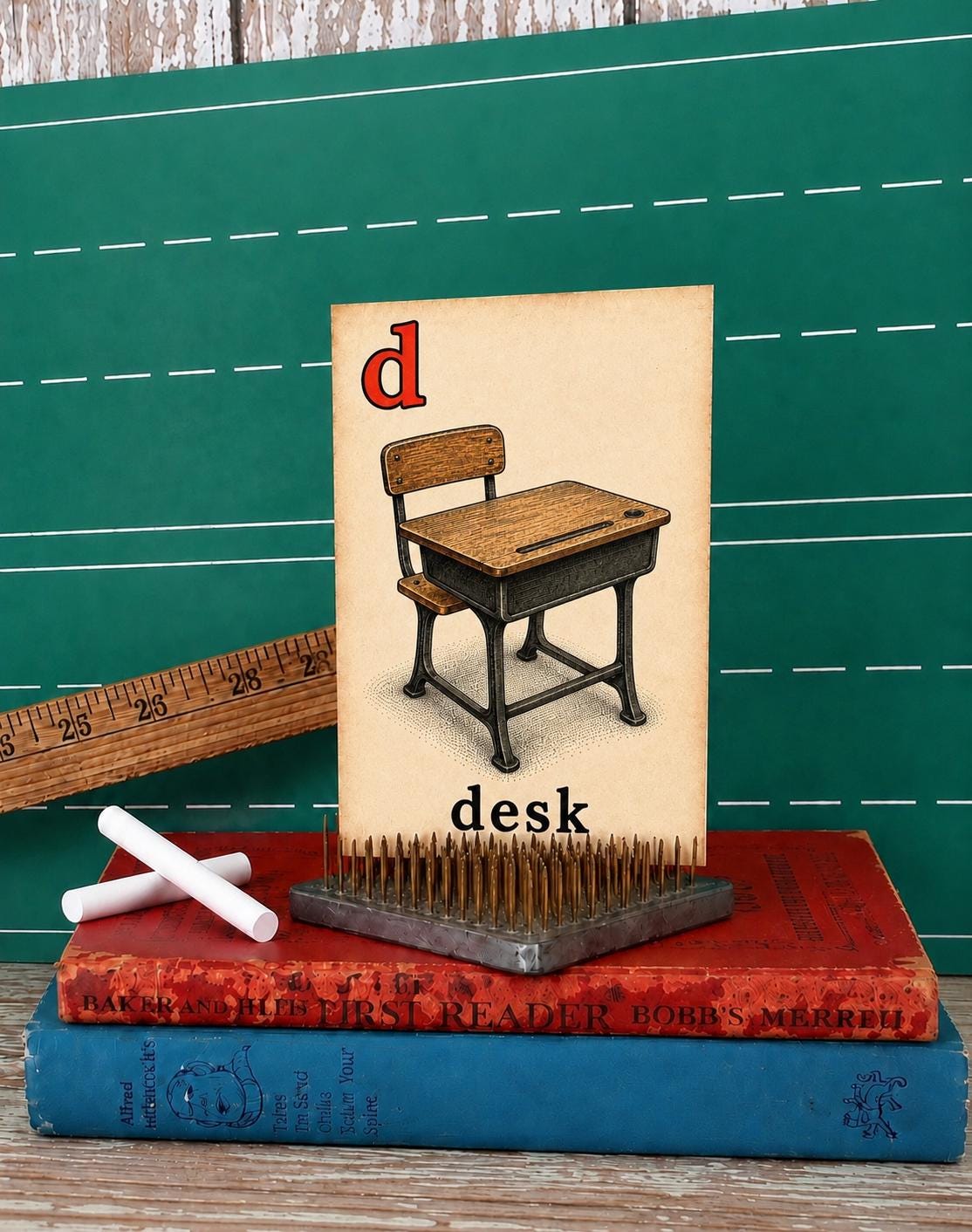 DESK School Flash Card Vintage Illustration Classroom Schoolhouse Decor