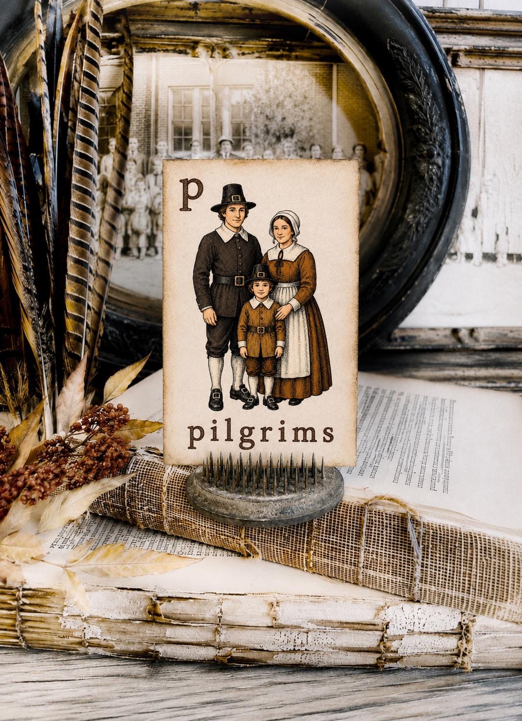 PILGRIMS Flash Card Vintage Farmhouse Fall Thanksgiving Autumn Decor Party