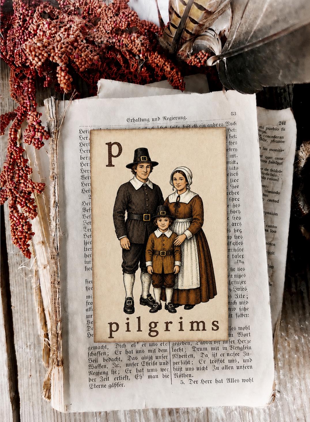 PILGRIMS Flash Card Vintage Farmhouse Fall Thanksgiving Autumn Decor Party