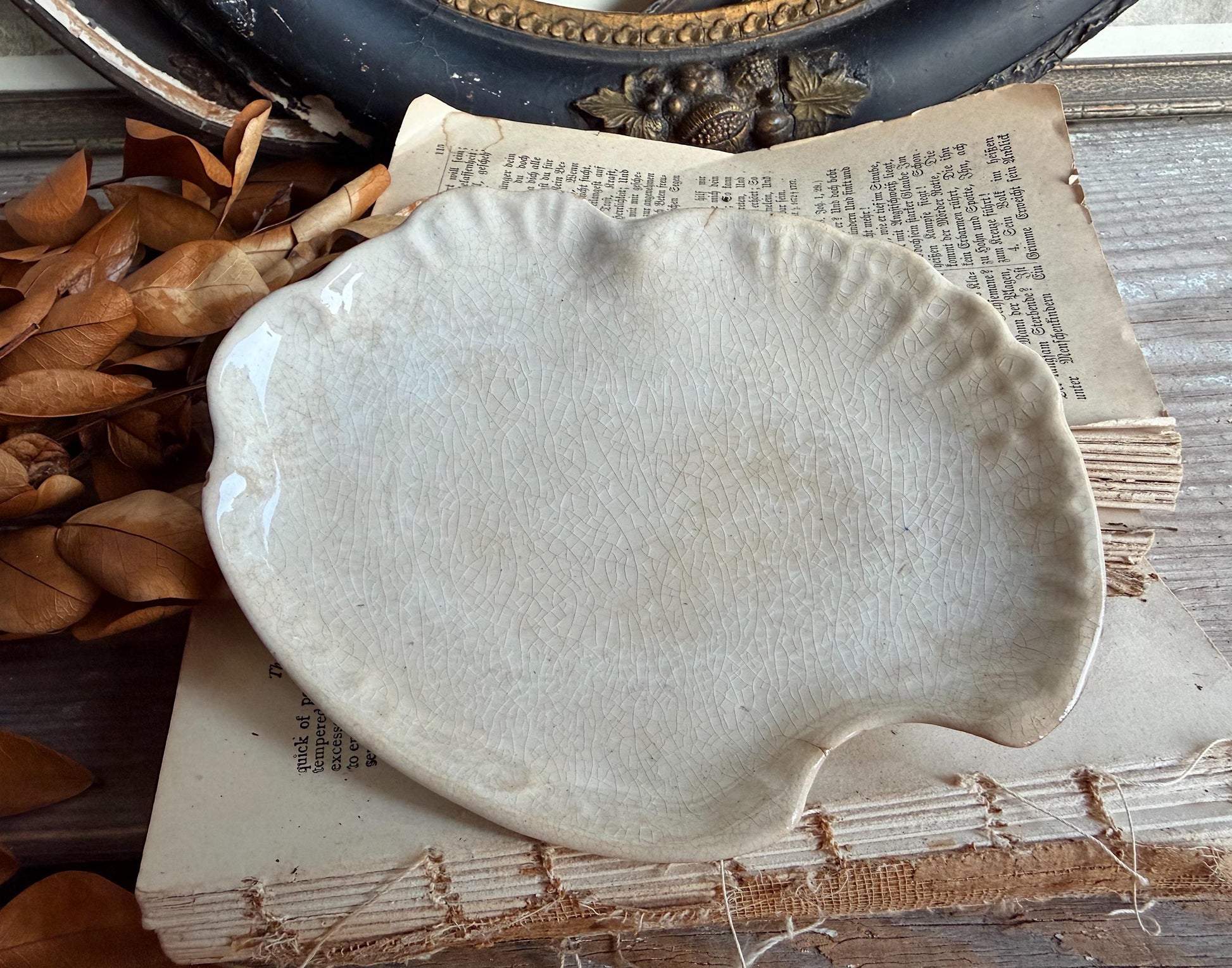 Antique La Belle China Dish – Small Ironstone Platter, Vintage White Crazing Tray, Farmhouse Decor