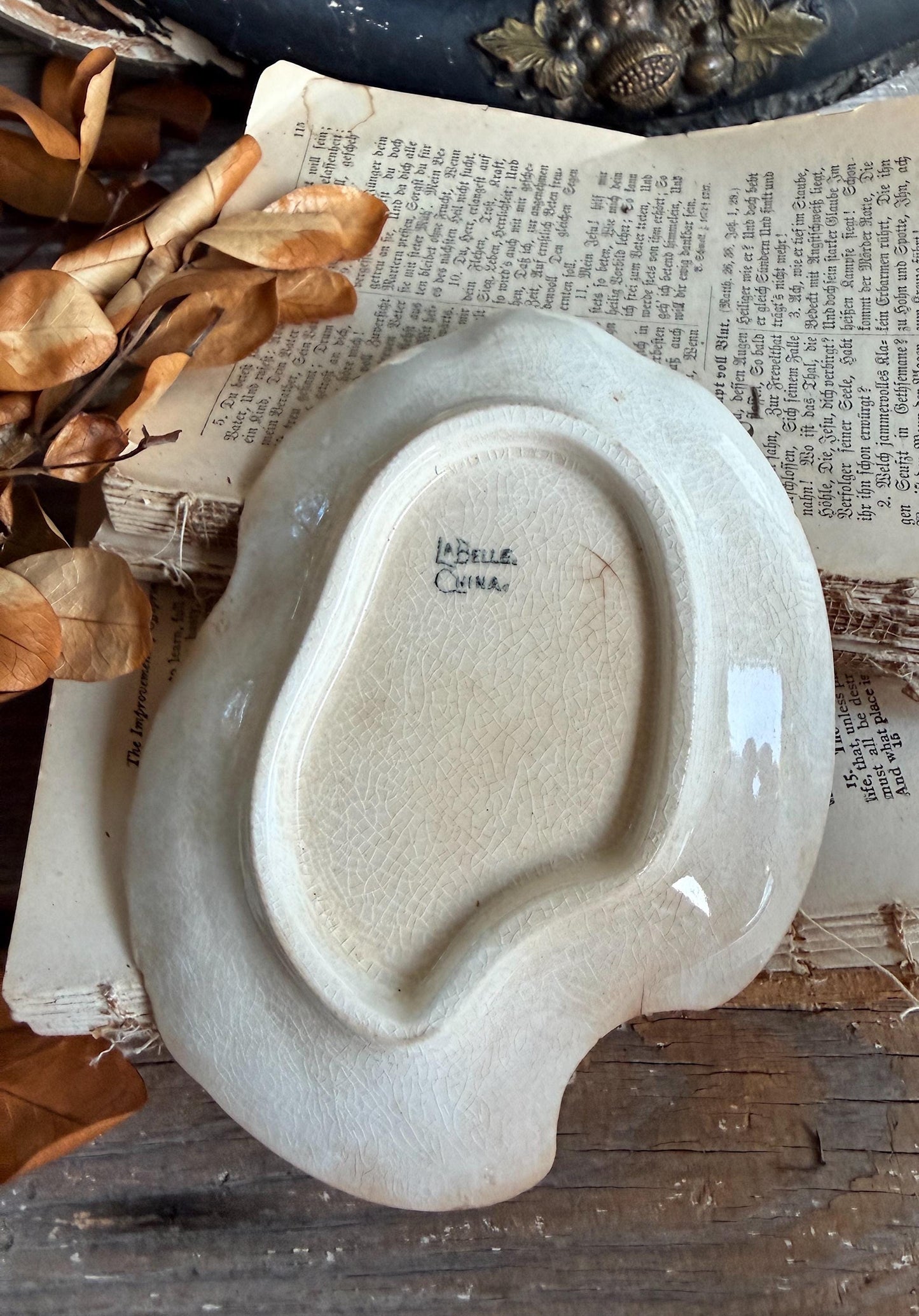 Antique La Belle China Dish – Small Ironstone Platter, Vintage White Crazing Tray, Farmhouse Decor