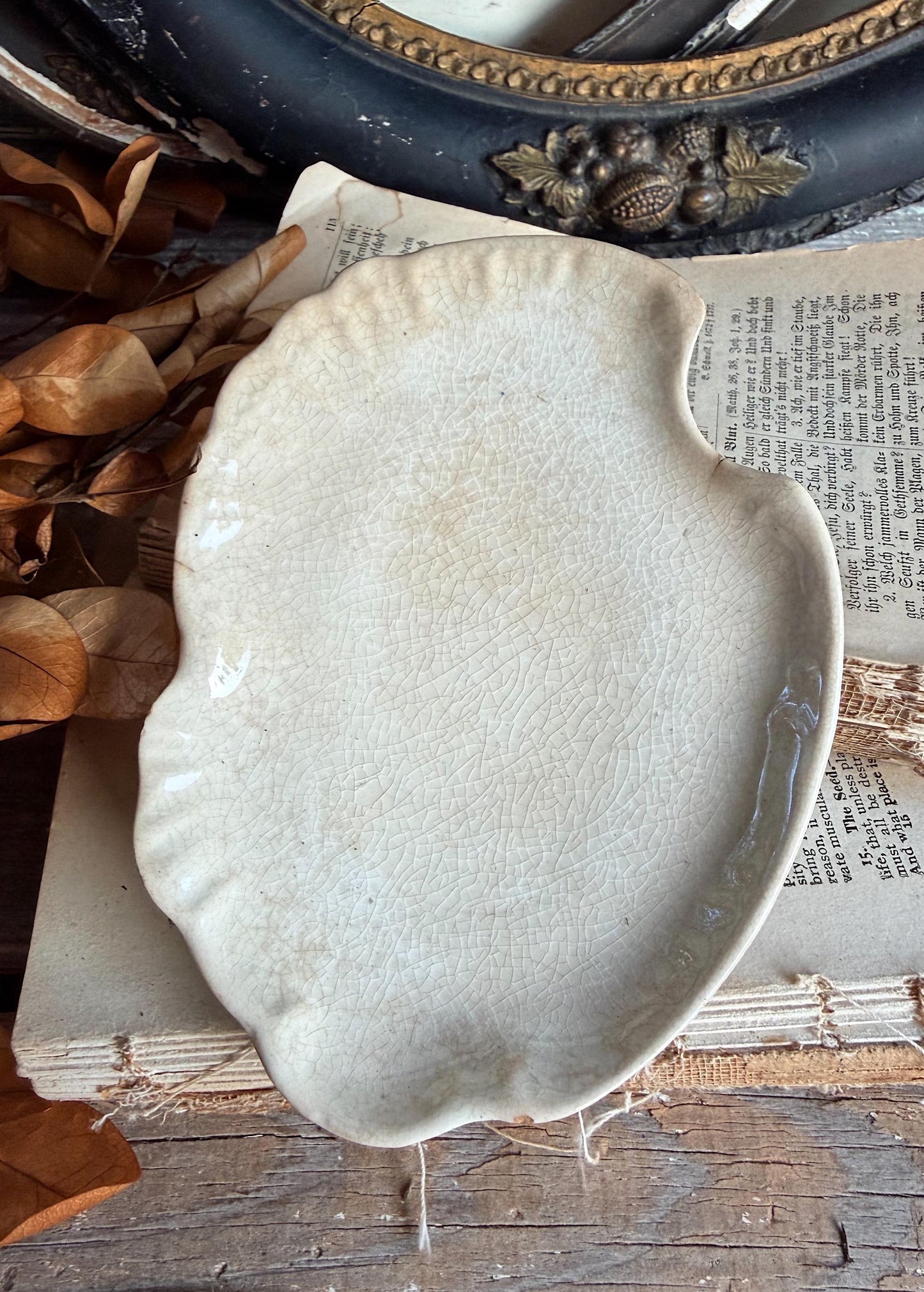 Antique La Belle China Dish – Small Ironstone Platter, Vintage White Crazing Tray, Farmhouse Decor