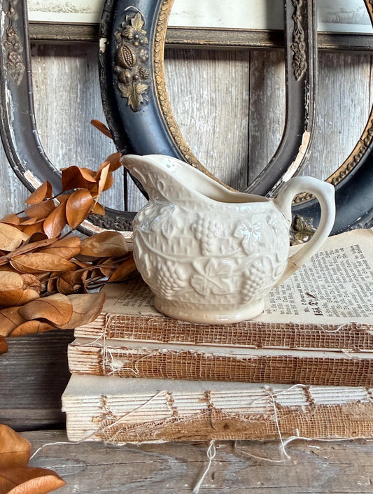 Antique Ironstone Pitcher, White Embossed Pitcher, Farmhouse Crazing