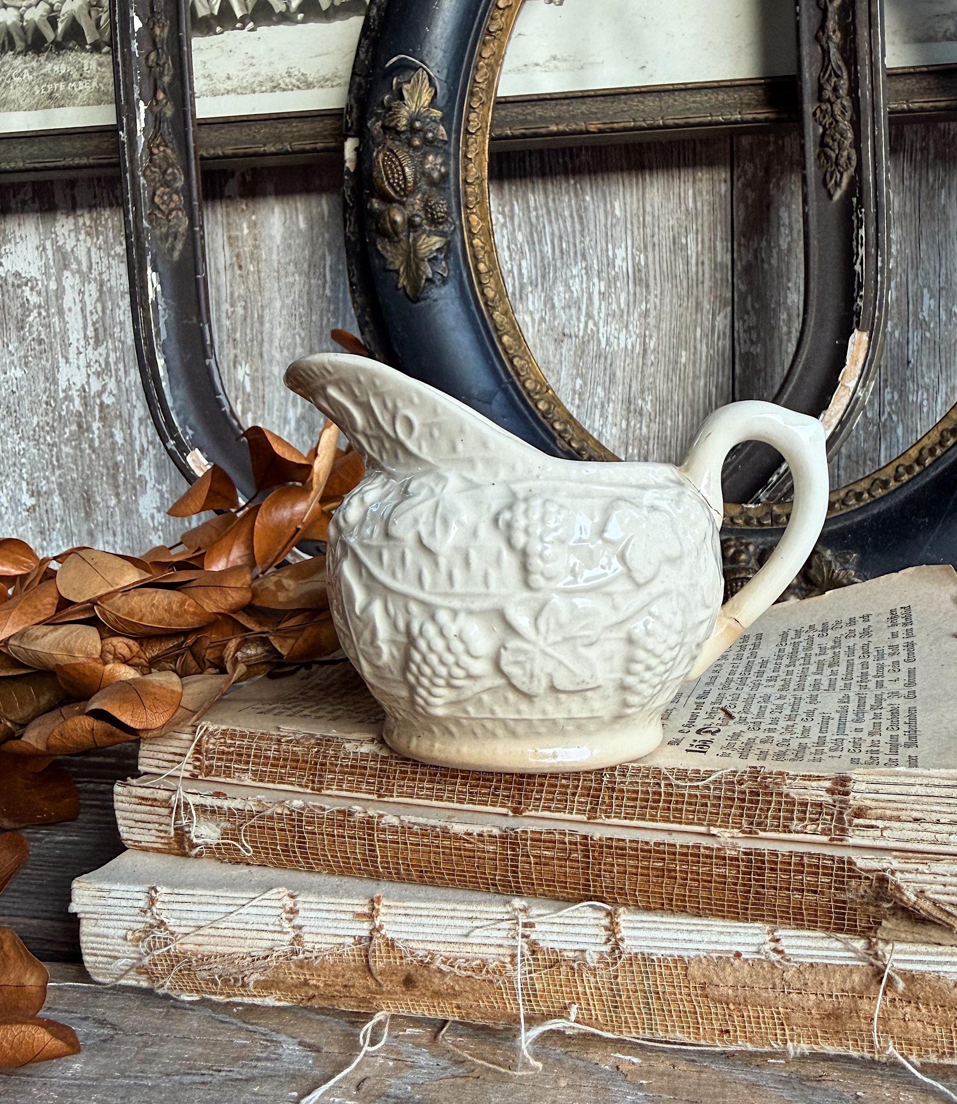 Antique Ironstone Pitcher, White Embossed Pitcher, Farmhouse Crazing