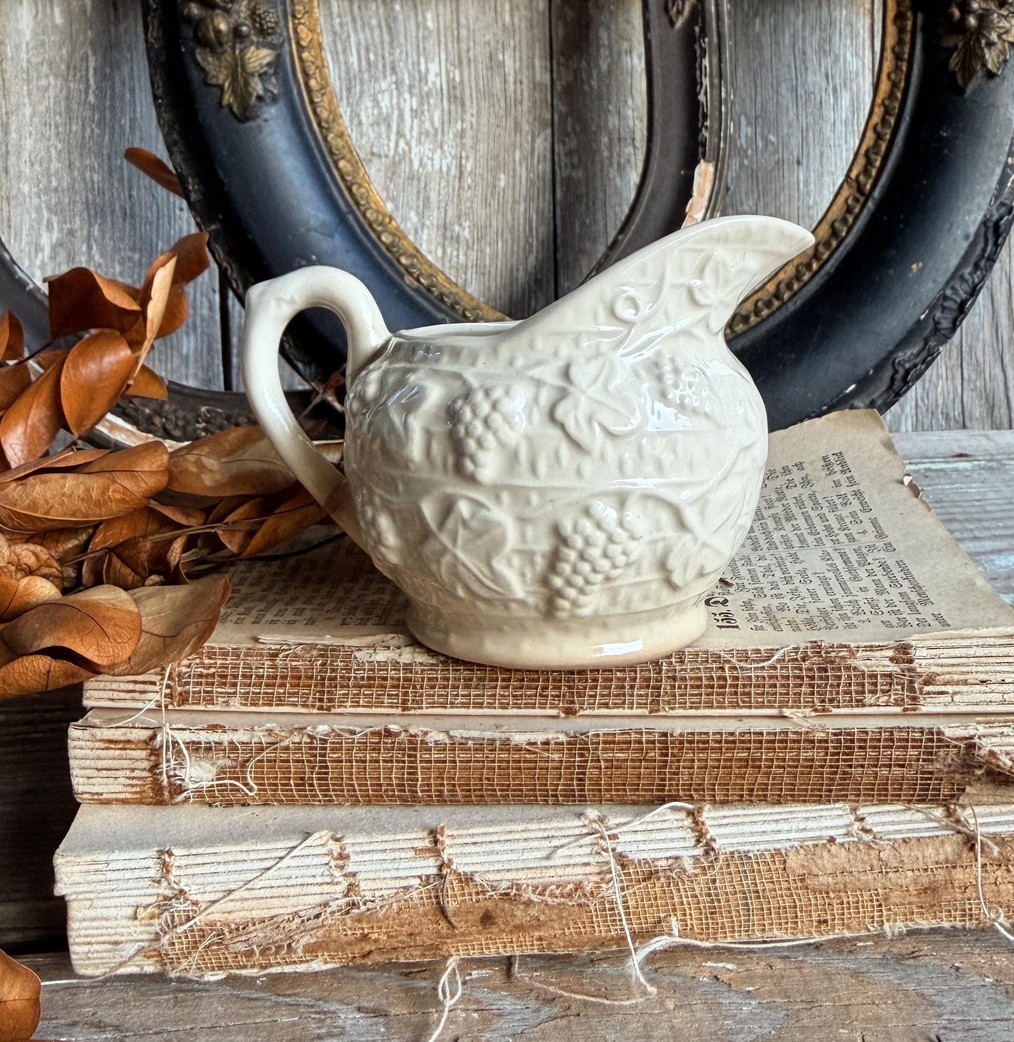 Antique Ironstone Pitcher, White Embossed Pitcher, Farmhouse Crazing