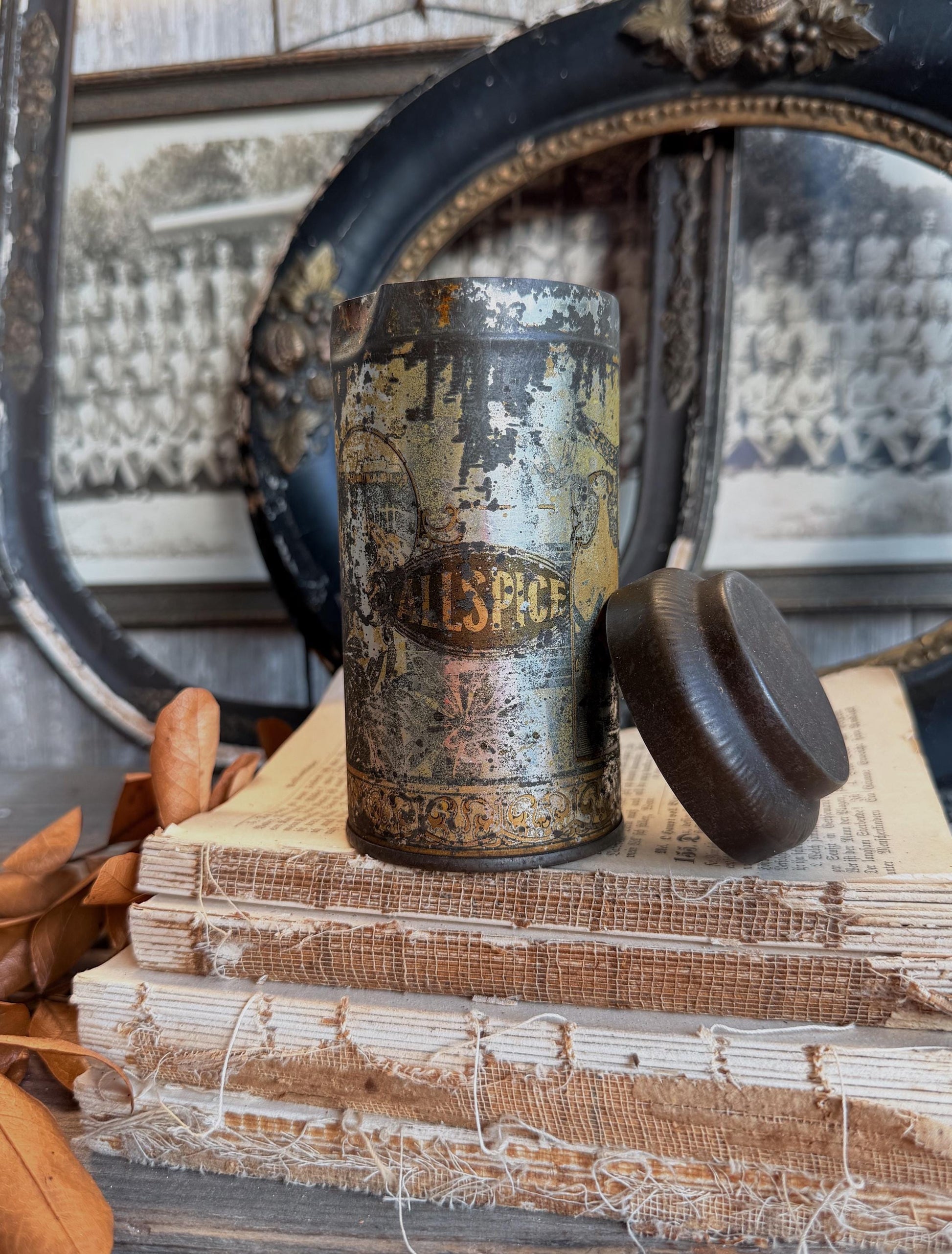 Antique ALLSPICE Tin Can Farmhouse Decor Industrial Salvage GOLD BLACK