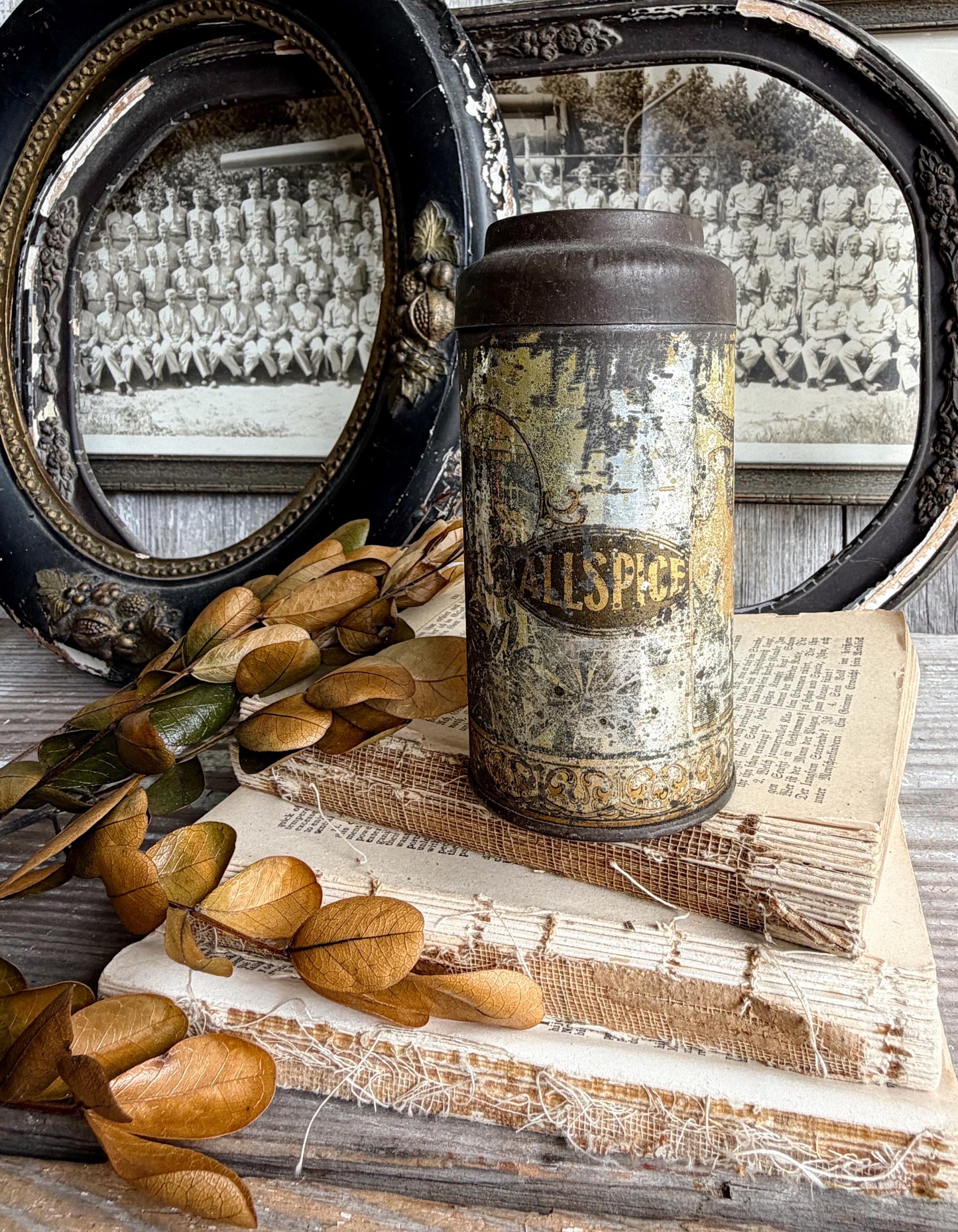 Antique ALLSPICE Tin Can Farmhouse Decor Industrial Salvage GOLD BLACK