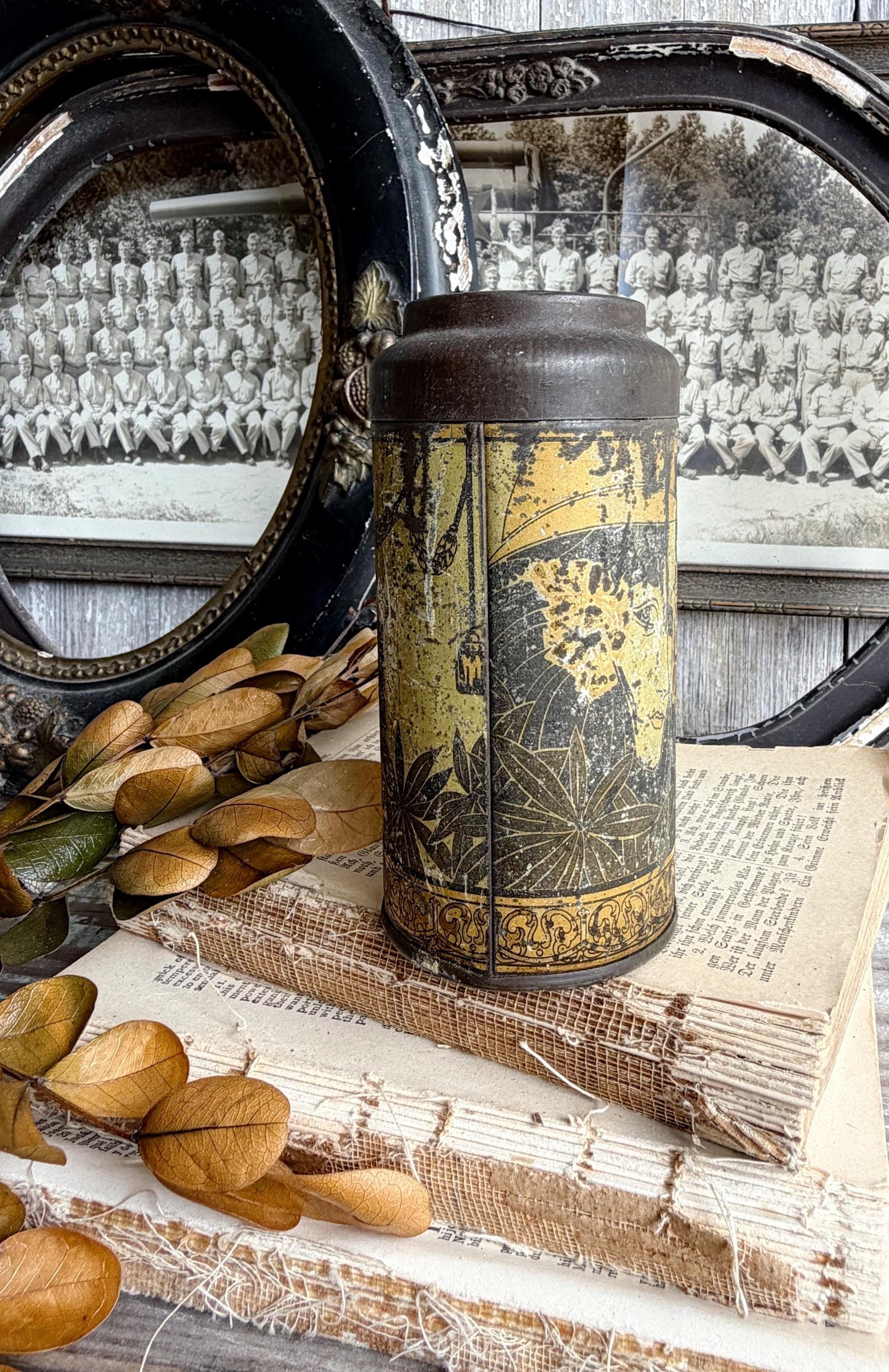 Antique ALLSPICE Tin Can Farmhouse Decor Industrial Salvage GOLD BLACK
