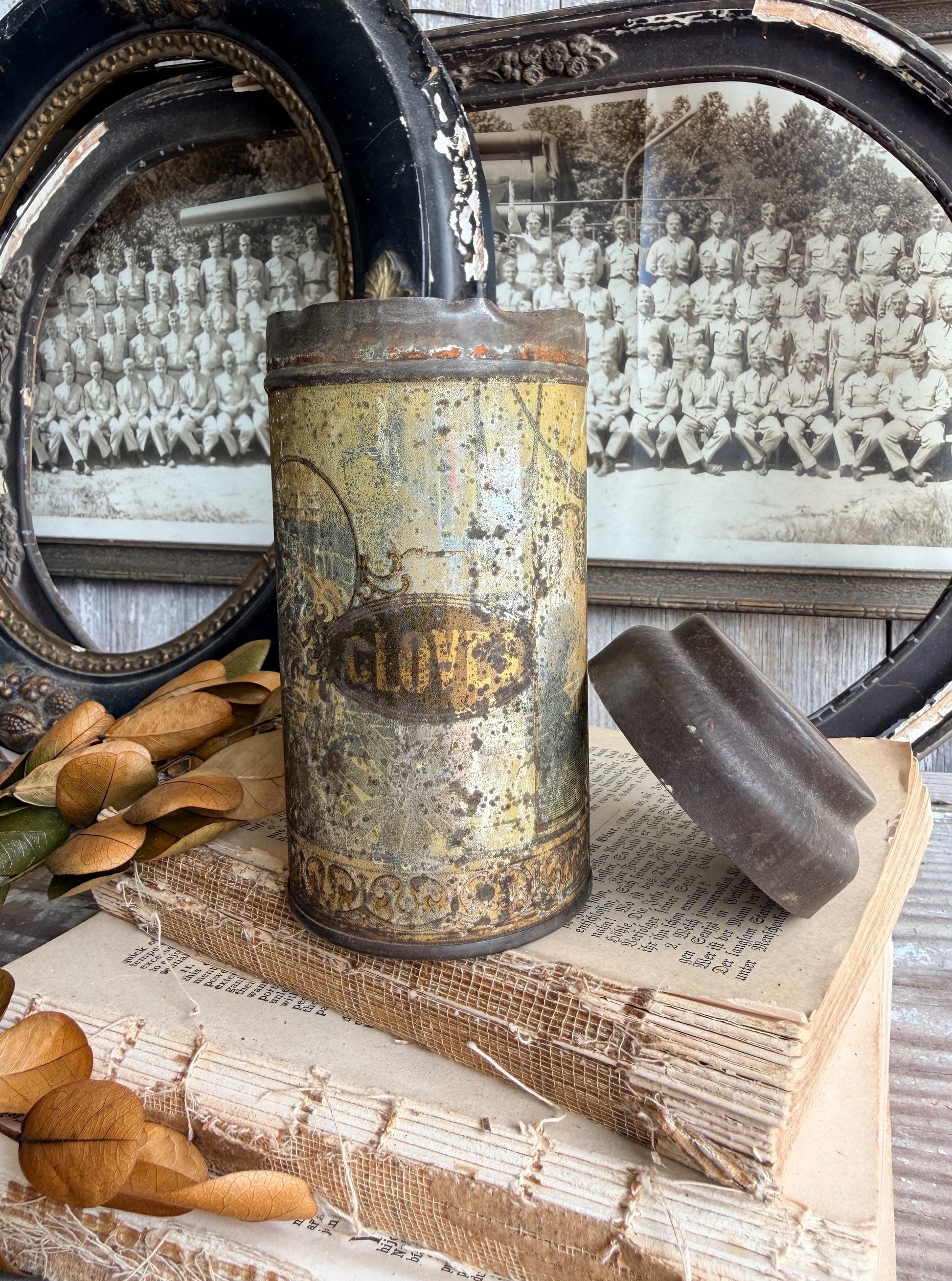 Antique CLOVES Tin Can Farmhouse Decor Industrial Salvage GOLD BLACK